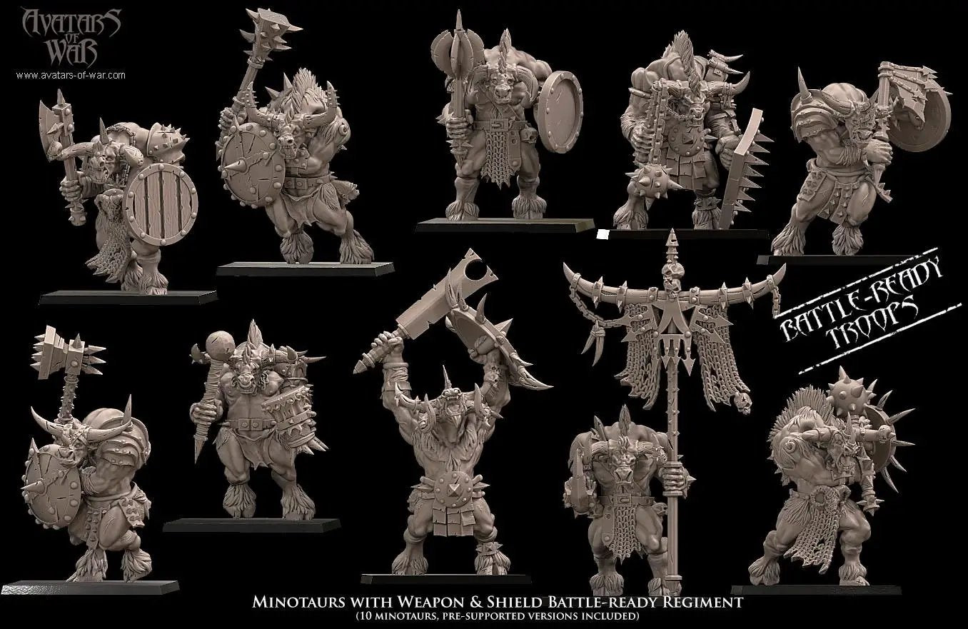 3D printed Minotaur Battle Ready Regiment with weapons and shields by Last Hope Miniatures for Avatars of War.