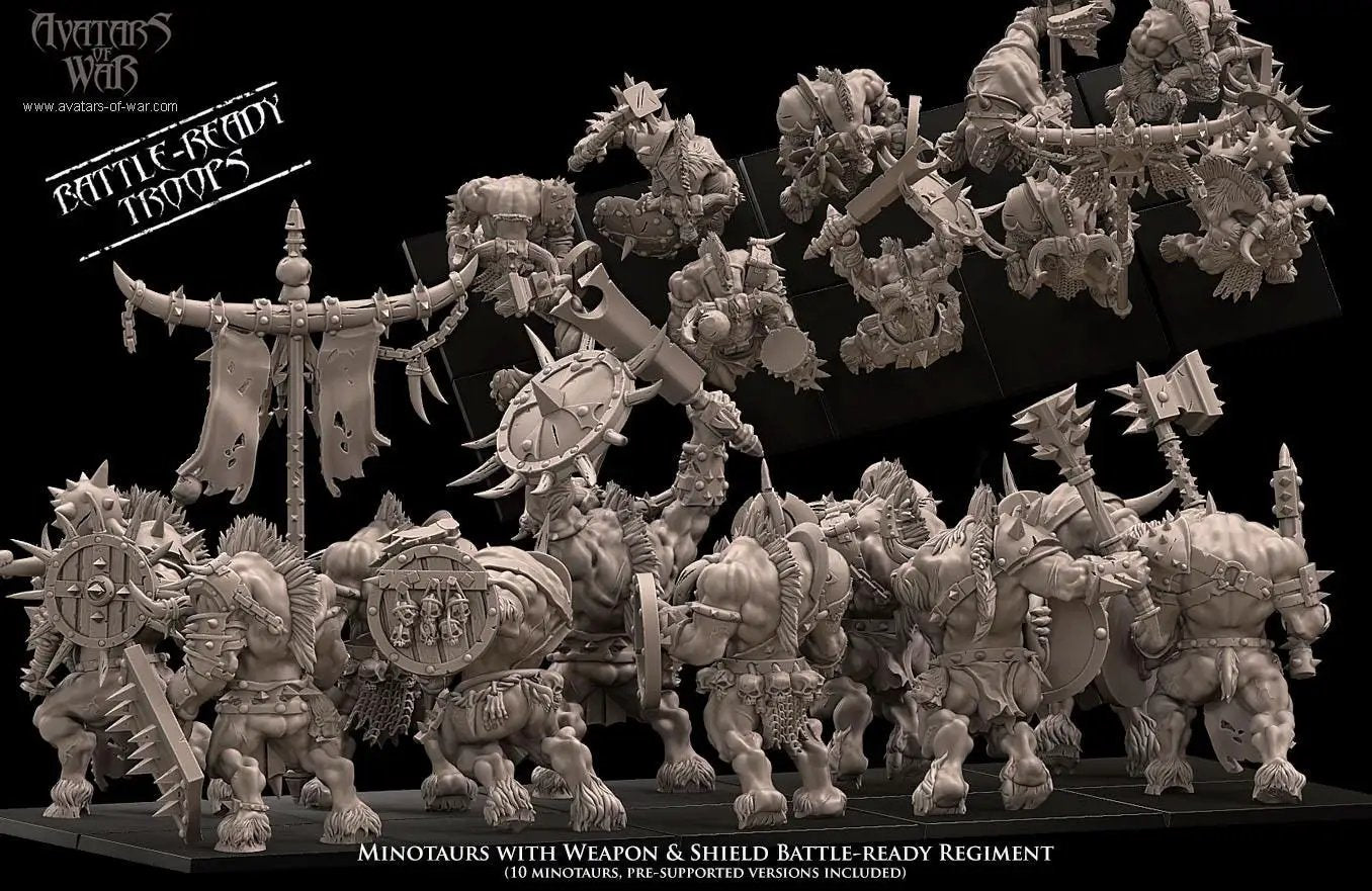 3D printed Minotaur Battle Ready Regiment with weapons and shields from Avatars of War by Last Hope Miniatures