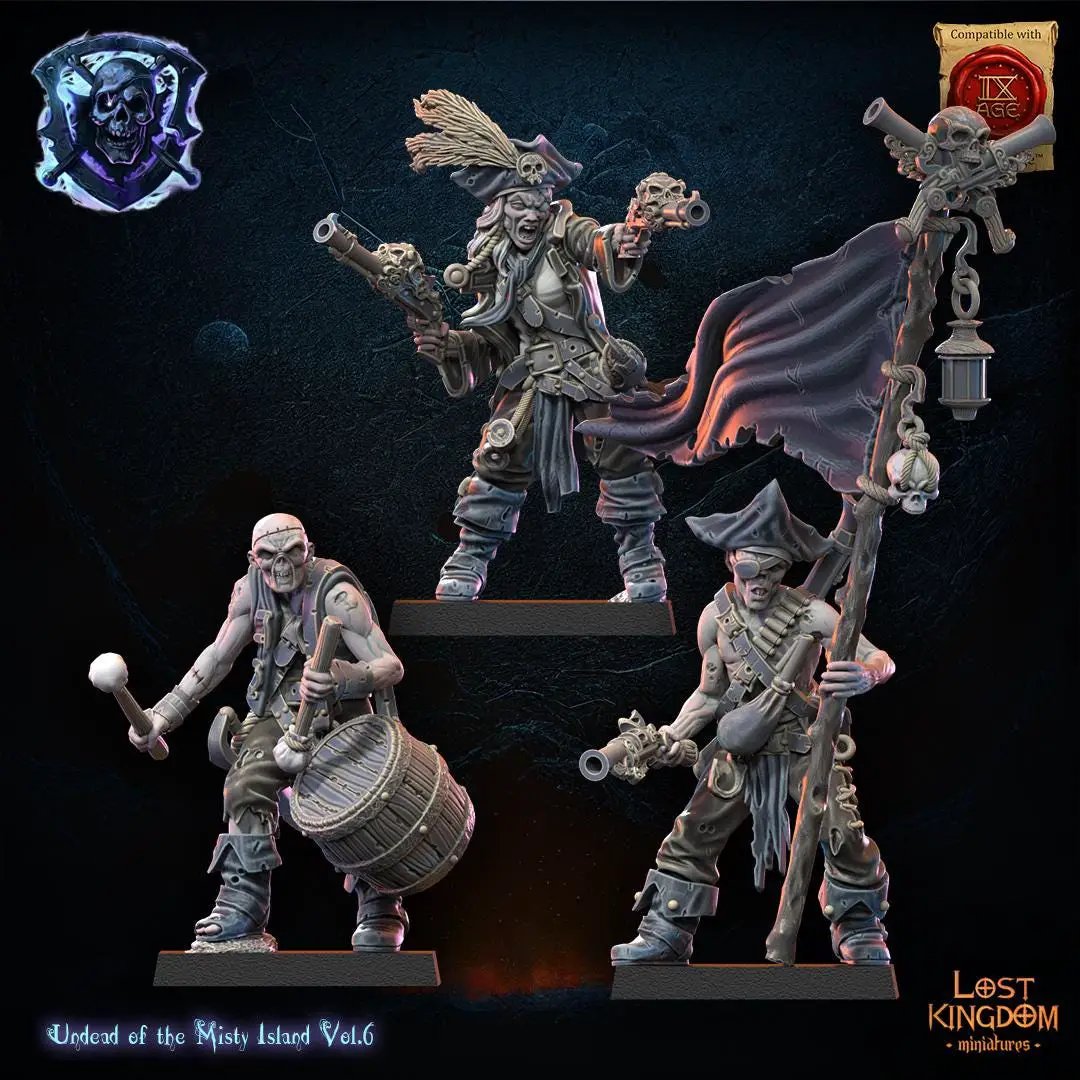 3D printed Misty Island Abyssal Pirates Command Group by Lost Kingdom Miniatures, featuring detailed pirate figures in a commanding pose.