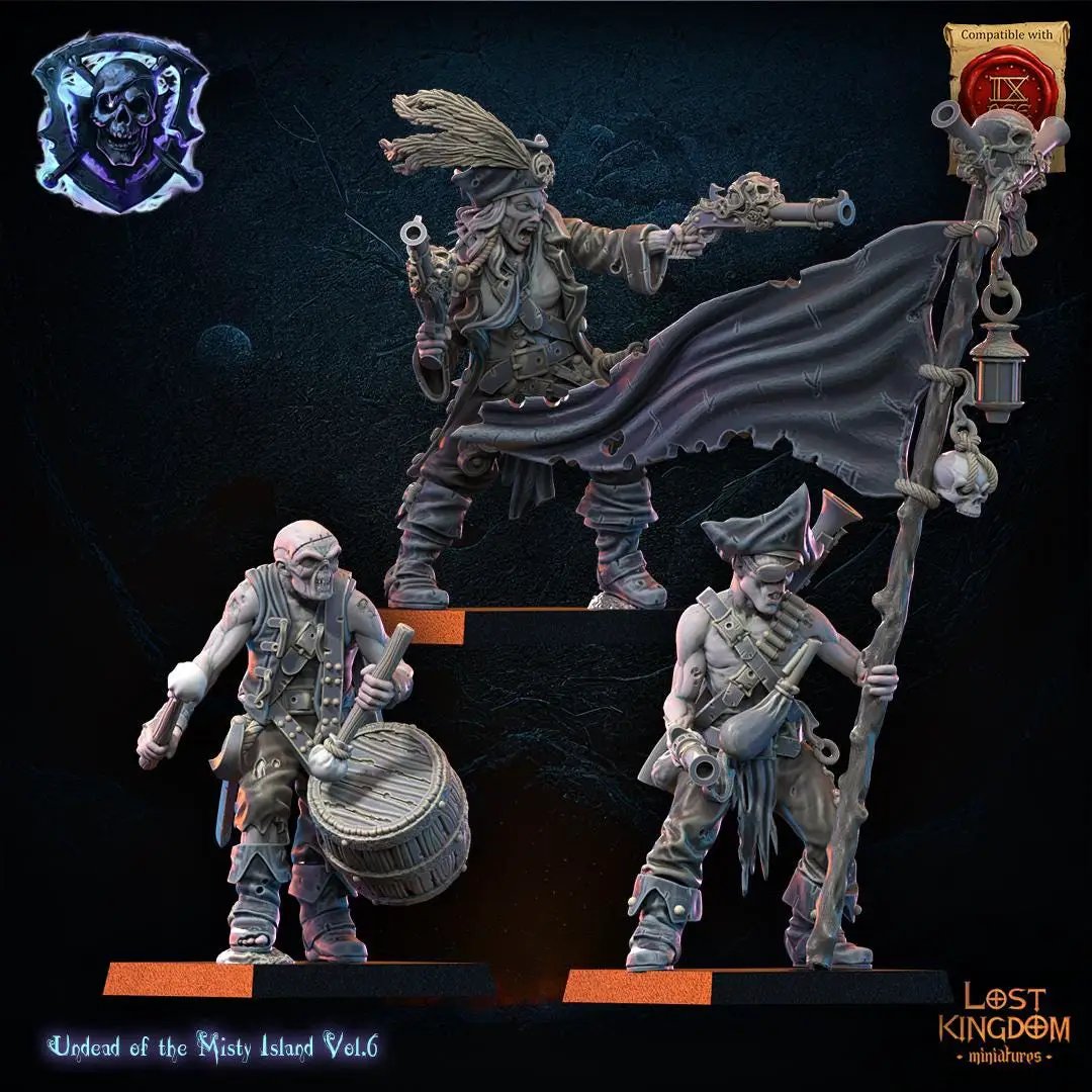 3D printed Misty Island Abyssal Pirates Command Group miniatures by Lost Kingdom Miniatures, featuring detailed pirate figures in dark attire.