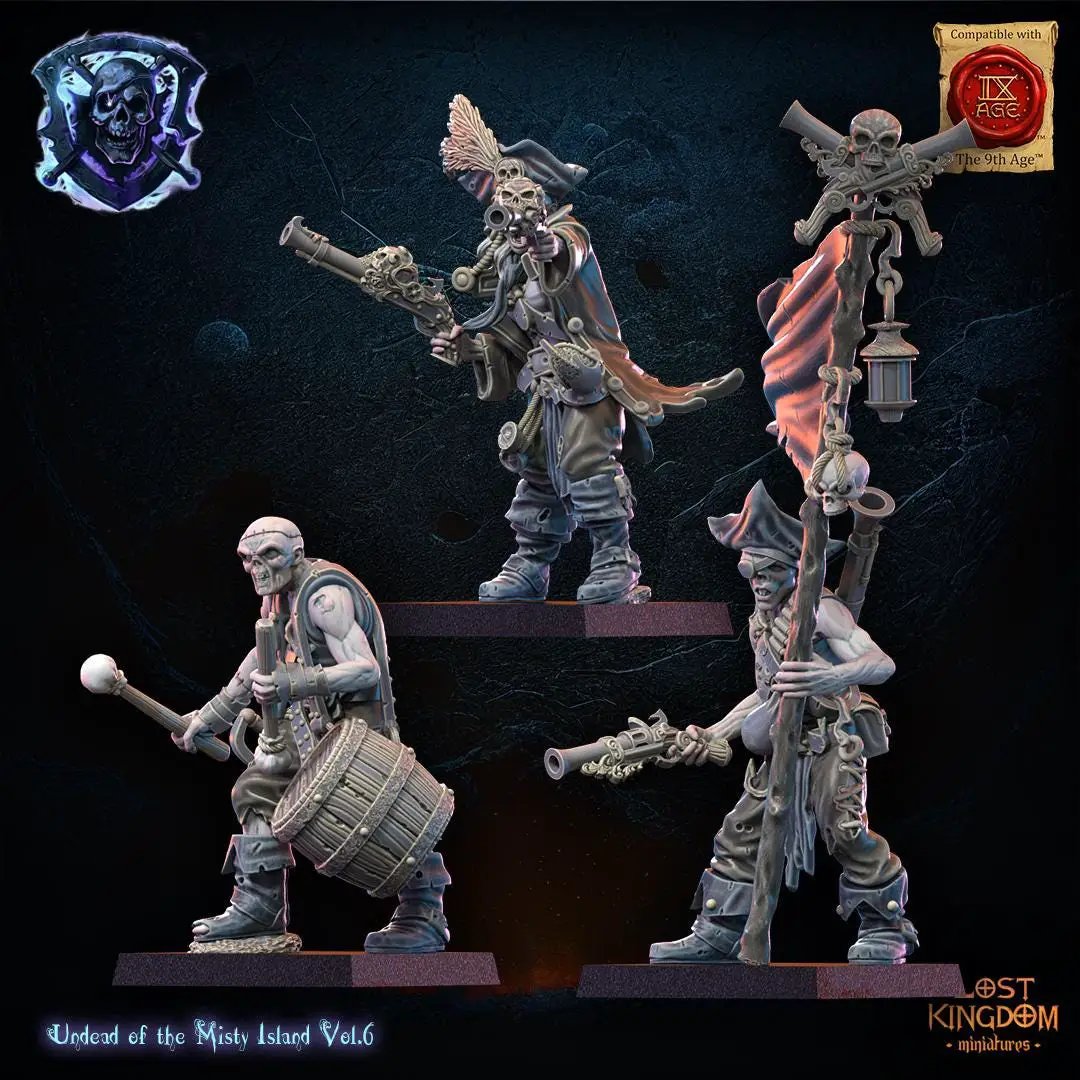 3D printed Misty Island Abyssal Pirates Command Group by Lost Kingdom Miniatures, featuring detailed pirate figures on base
