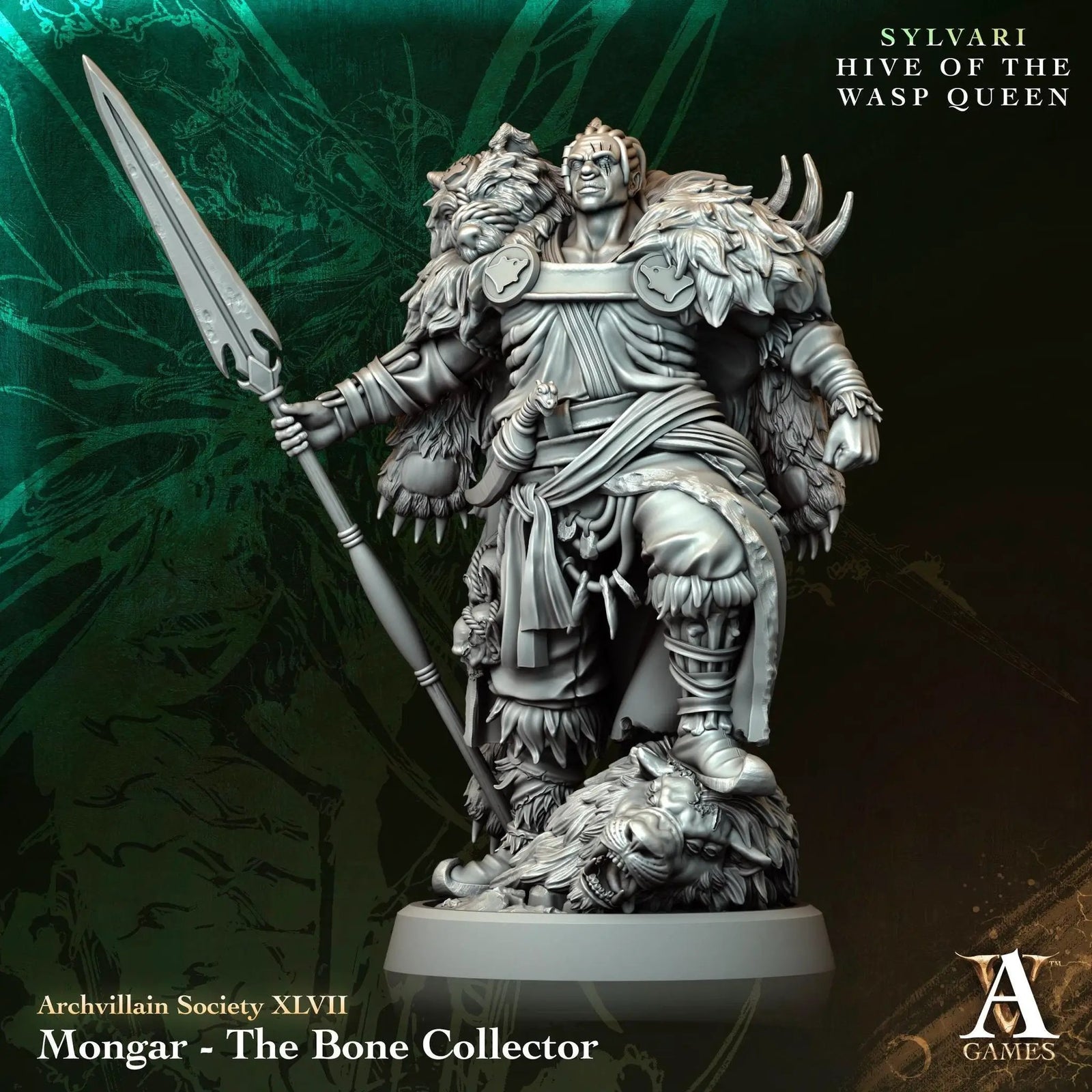 3D printed Mongar the Bone Collector miniature by Last Hope Miniatures for Archvillain Games, detailed fantasy tabletop figure.