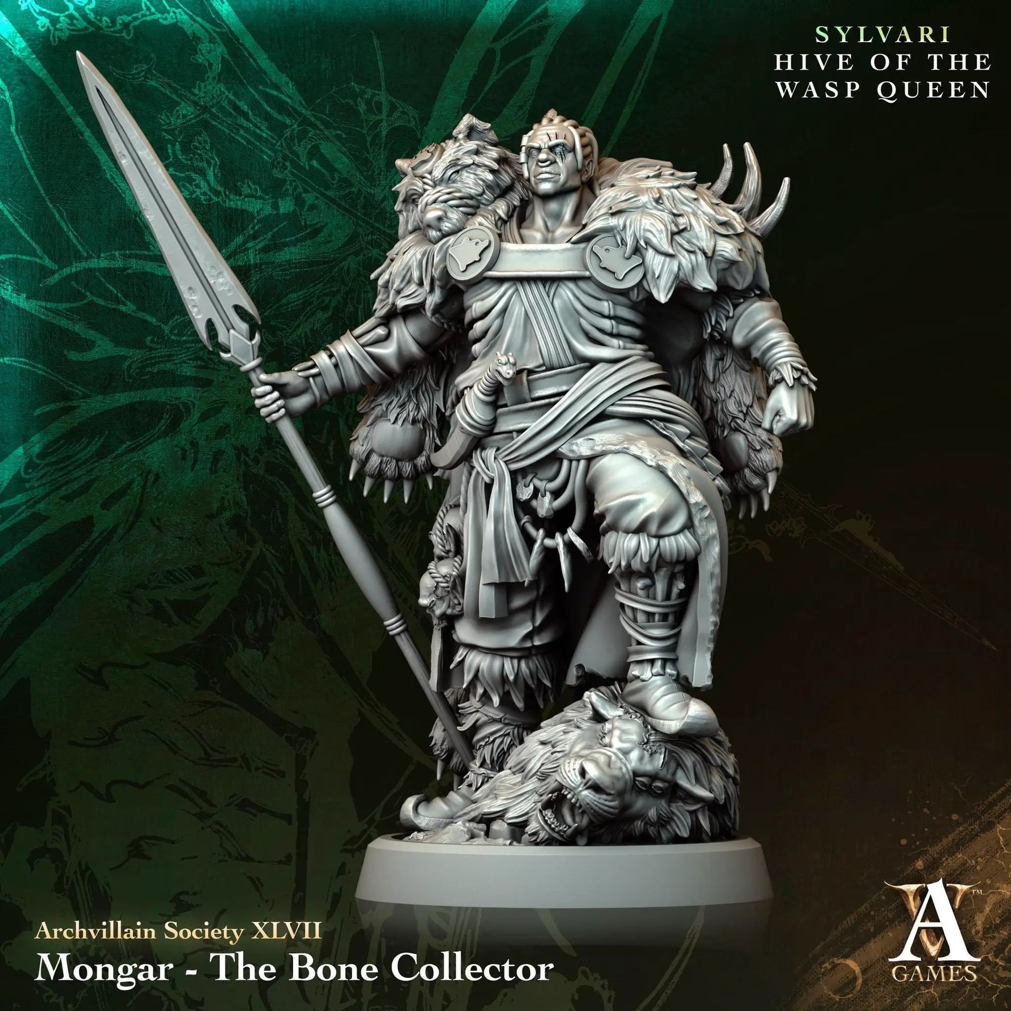 3D printed Mongar the Bone Collector miniature by Last Hope Miniatures for Archvillain Games, detailed fantasy tabletop figure.