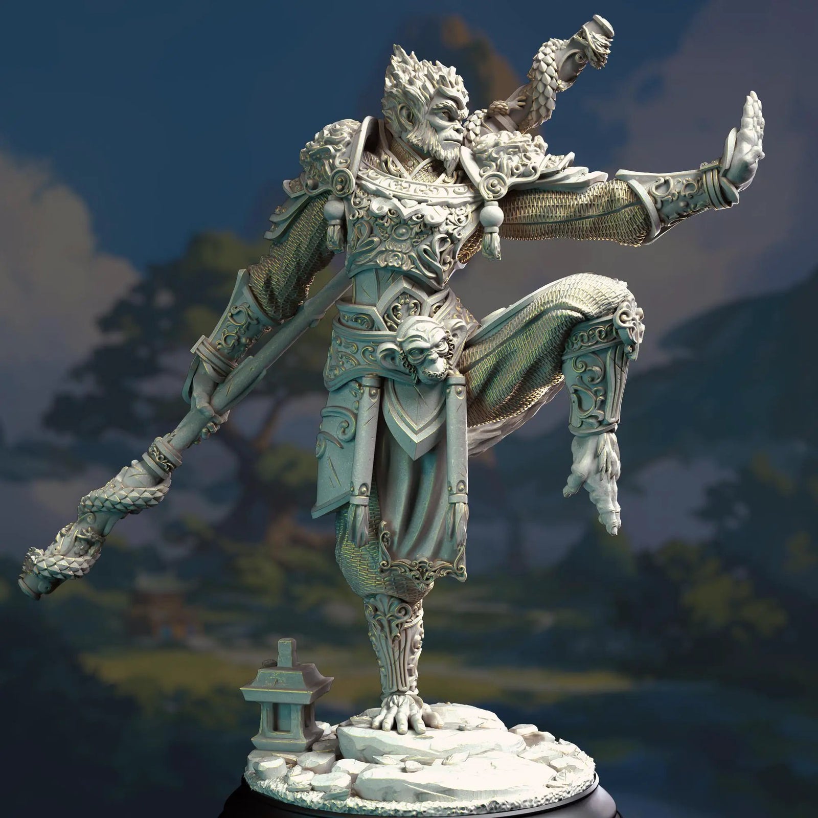 3D printed Monkey King Wukong miniature by Last Hope Miniatures, detailed figure from DM Stash, showcasing intricate design and craftsmanship.