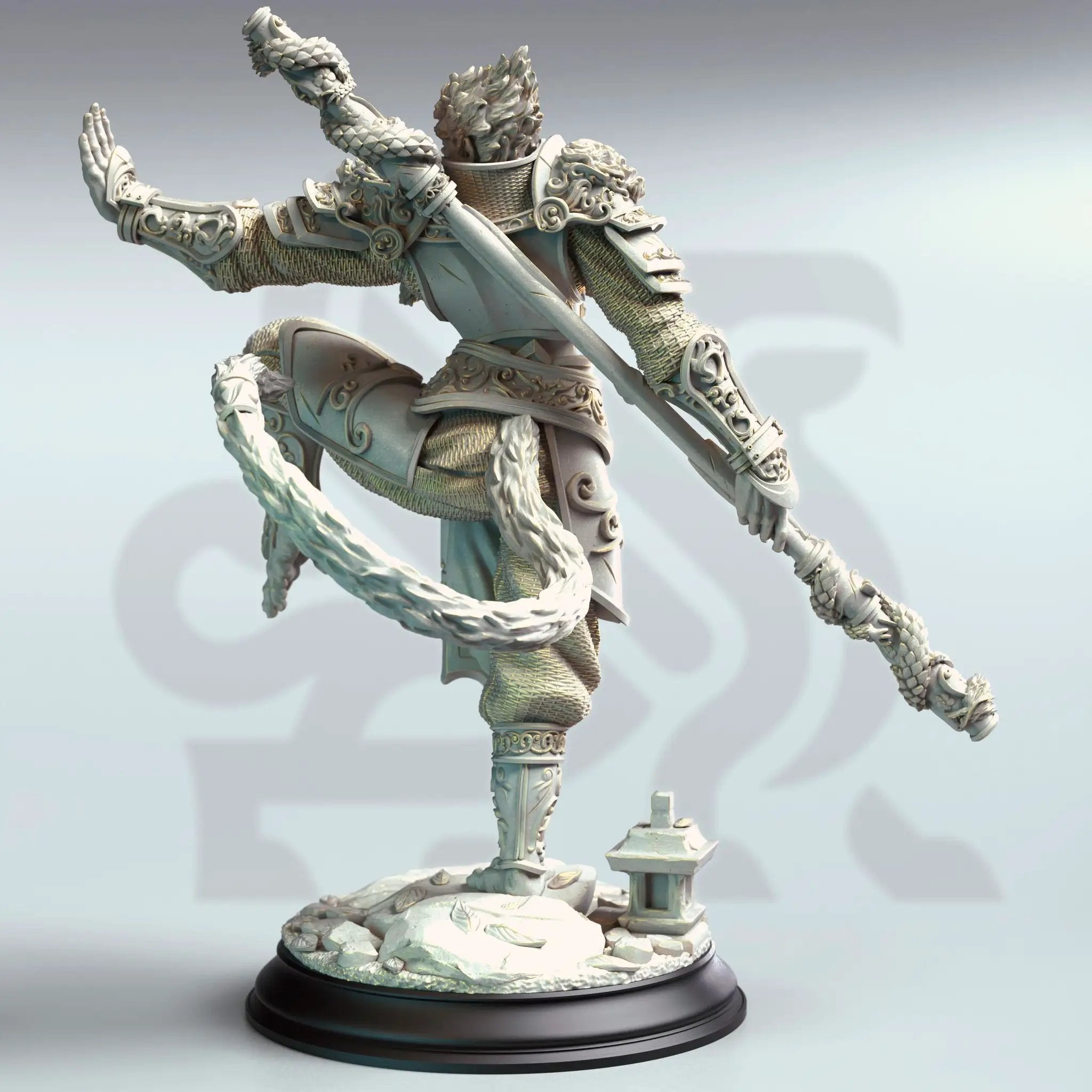 3D printed Monkey King Wukong miniature by Last Hope Miniatures, featuring intricate details and dynamic pose.