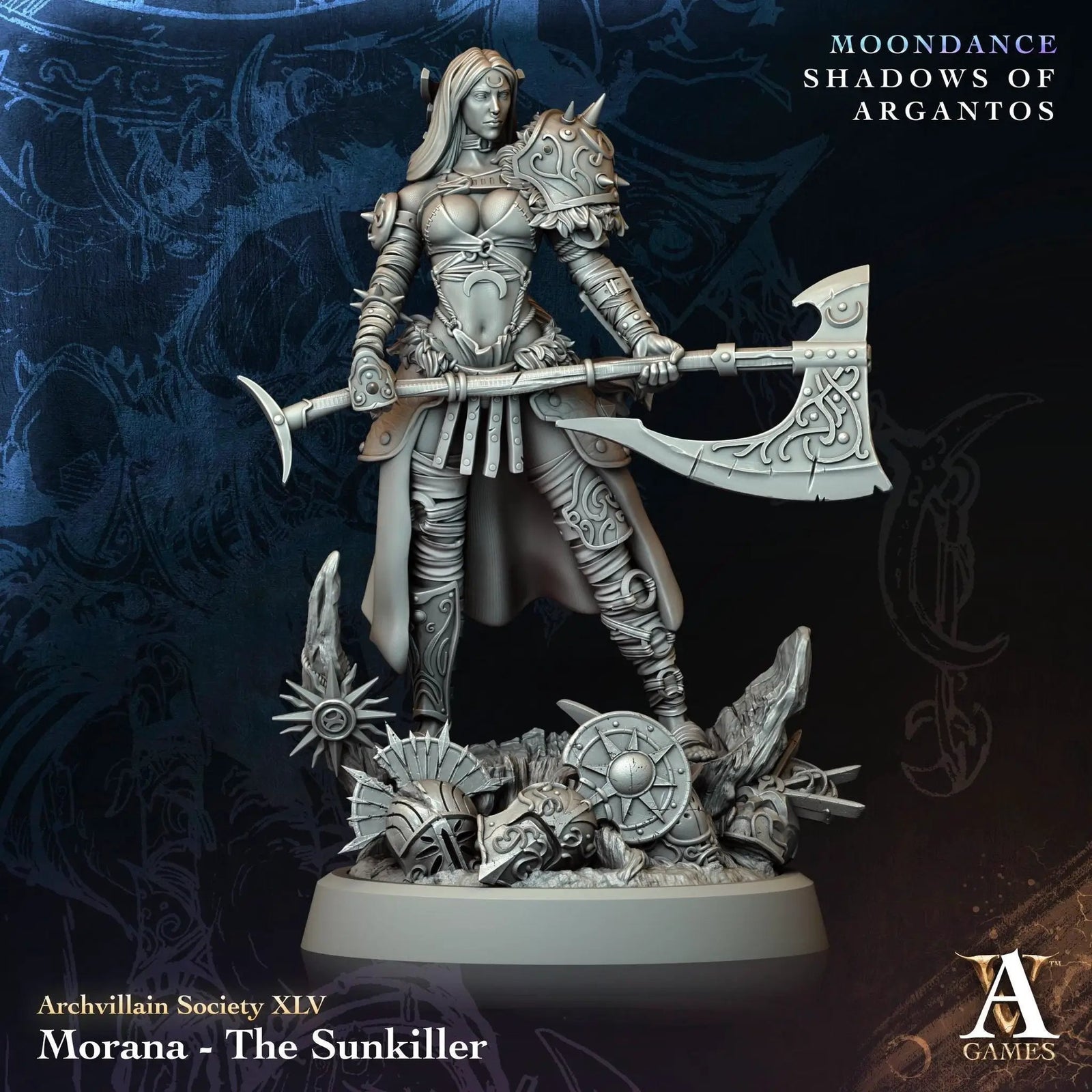 3D printed Morana the Sunkiller miniature by Last Hope Miniatures for Archvillain Games, showing detailed sculpt with vibrant colors
