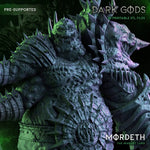 3D printed Mordeth the Maggot Lord miniature by Dark Gods Miniatures, detailed dark fantasy figure on a textured base.