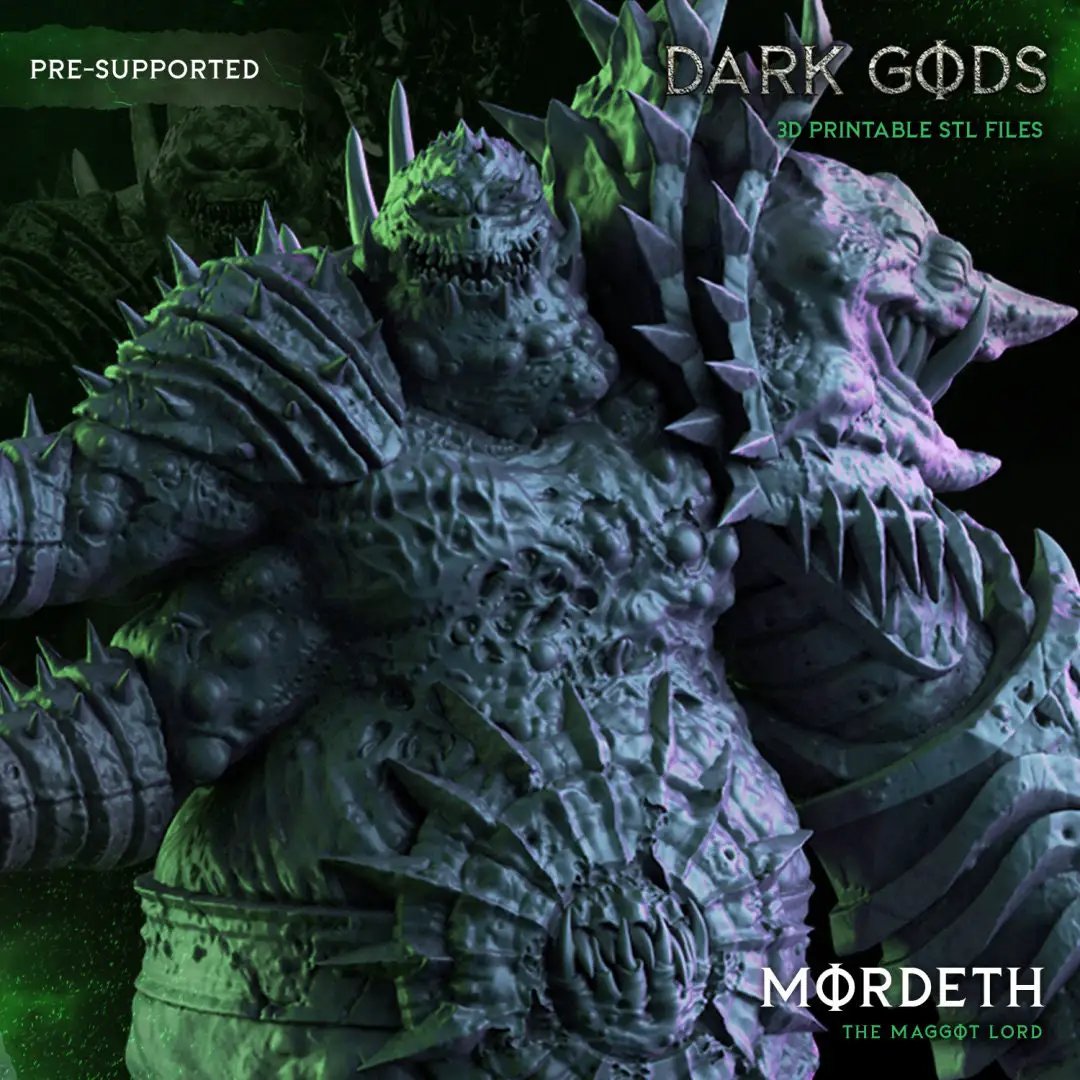3D printed Mordeth the Maggot Lord miniature by Dark Gods Miniatures, detailed dark fantasy figure on a textured base.