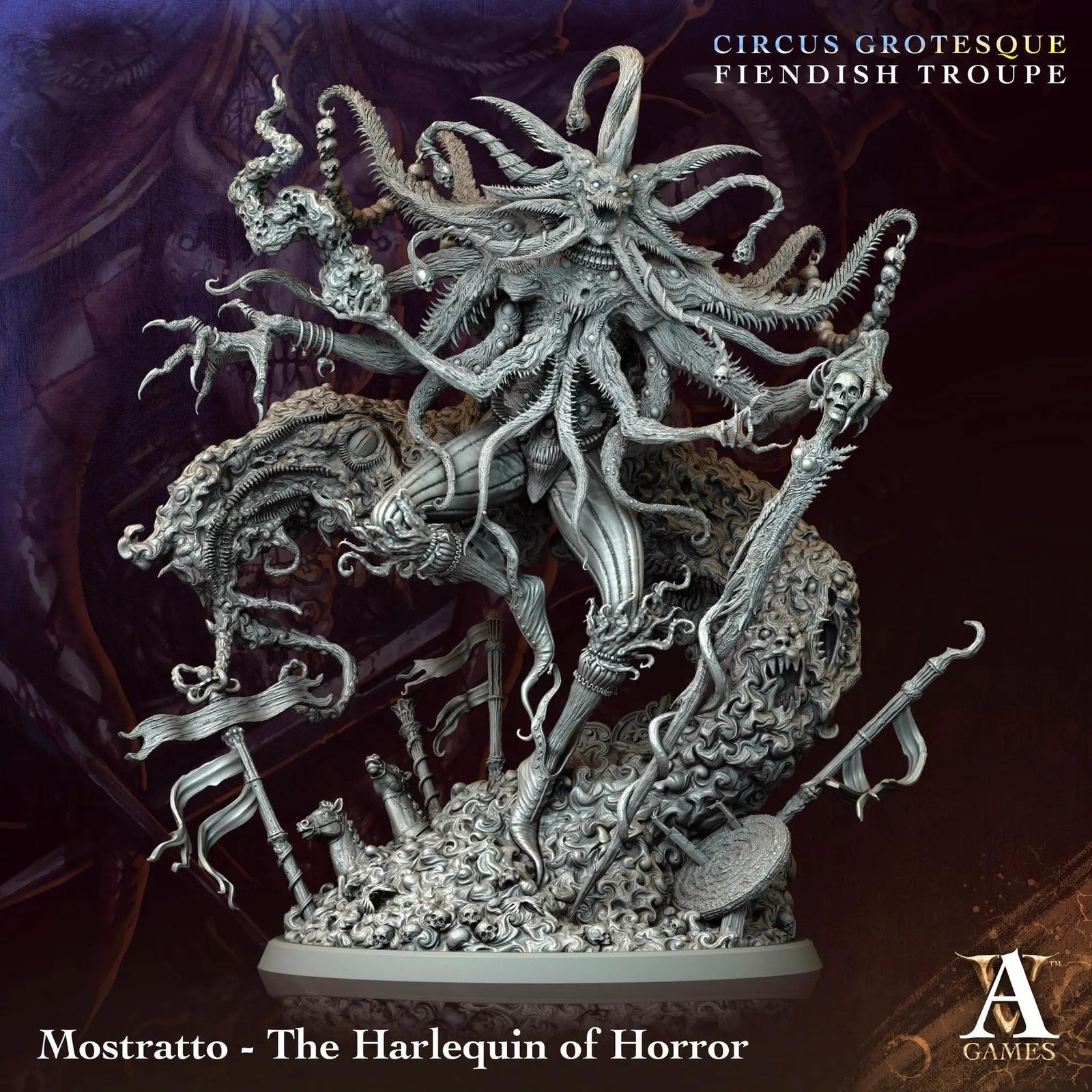 3D printed Mostratto Harlequin of Horror miniature by Last Hope Miniatures, detailed, colorful character from Archvillain Games.
