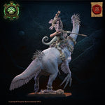3D printed mounted lizard kin heroine miniature by Lost Kingdom Miniatures, detailed figure on horseback with fantasy armor.
