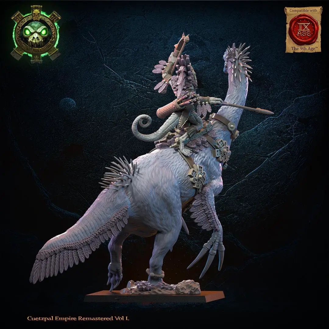 3D printed mounted lizard kin heroine miniature by Lost Kingdom Miniatures, detailed figure on horseback with fantasy armor.