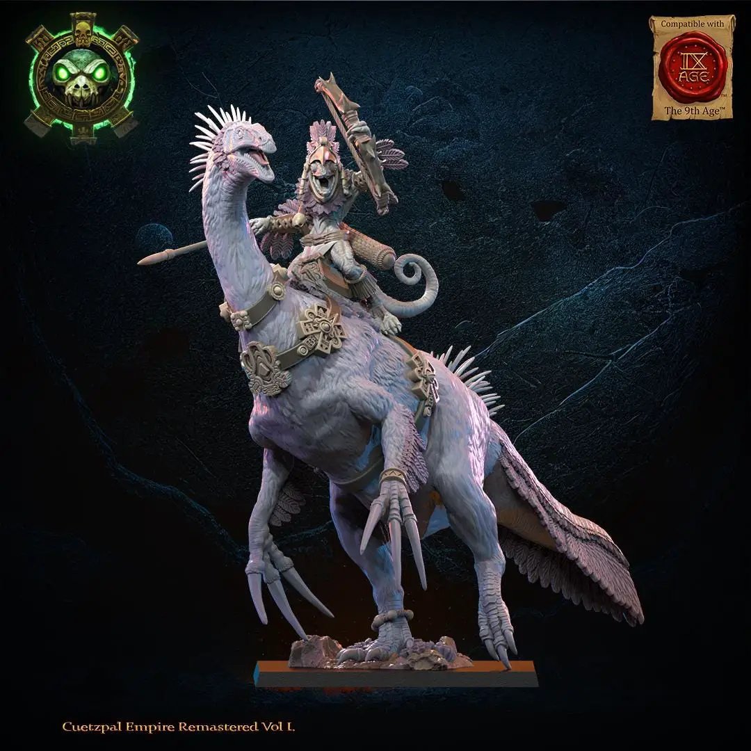3D printed mounted lizard heroine miniature by Last Hope Miniatures for Lost Kingdom Miniatures, showing detailed lizard figure on horseback.