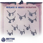 Set of 10 3D printed necklaces and greaves decorations by Last Hope Miniatures for tabletop gaming, detailed resin models.