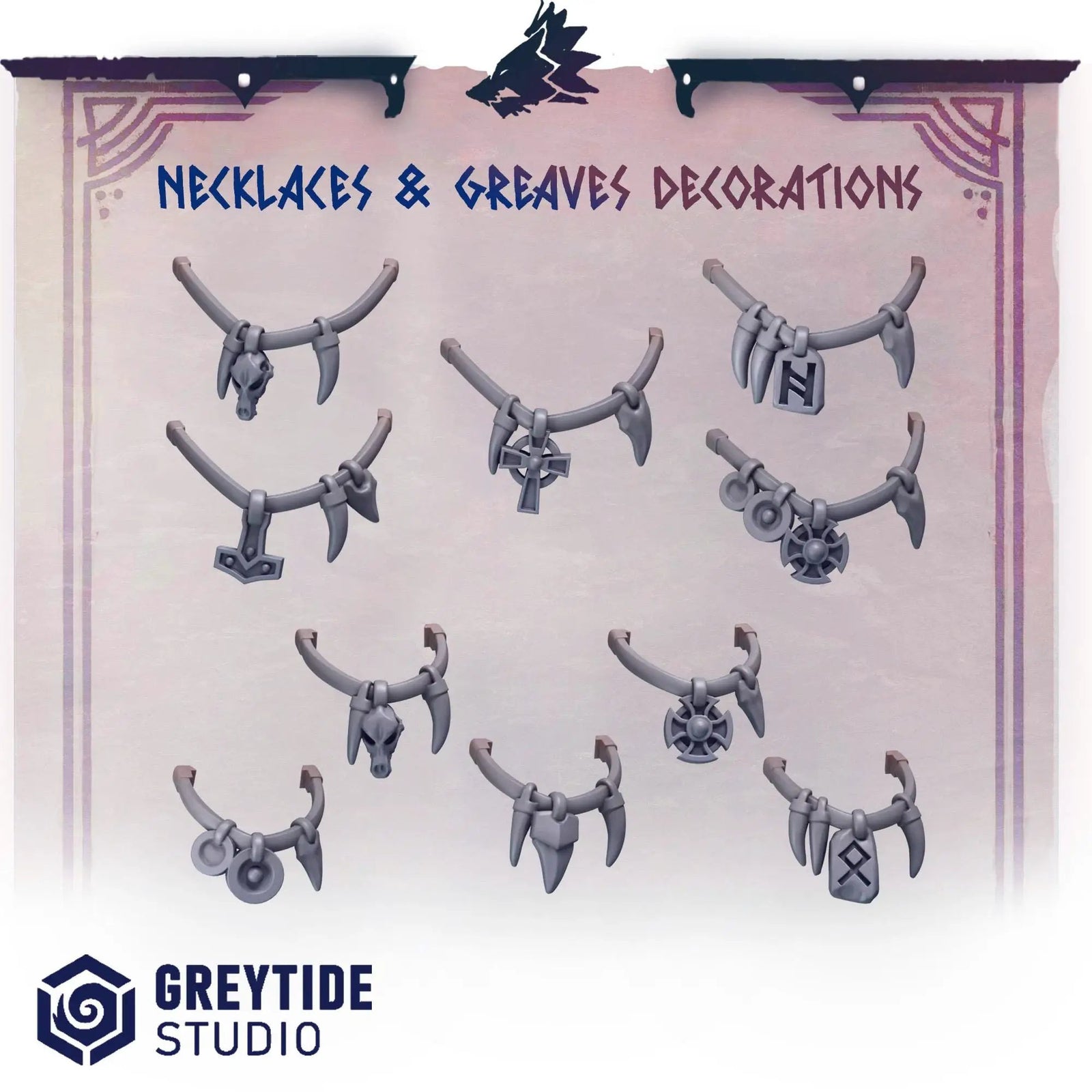 Set of 10 3D printed necklaces and greaves decorations by Last Hope Miniatures for tabletop gaming, detailed resin models.
