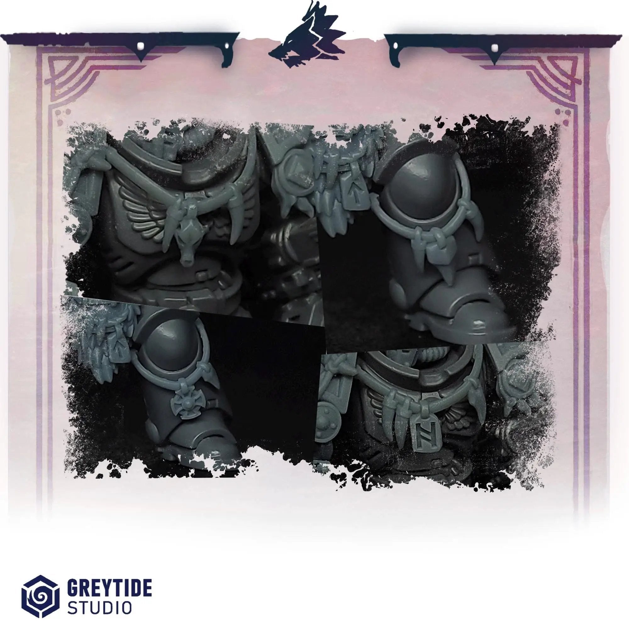 Set of 10 3D printed necklace and greaves decorations by Last Hope Miniatures, featuring detailed fantasy armor accessories.