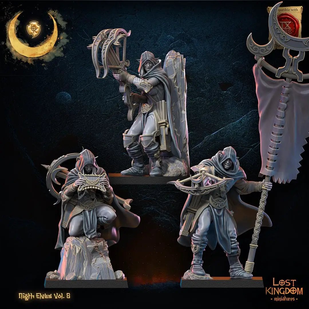 3D printed Night Elf Arbalest Command Group by Lost Kingdom Miniatures, featuring detailed elf figures with bows and armor.