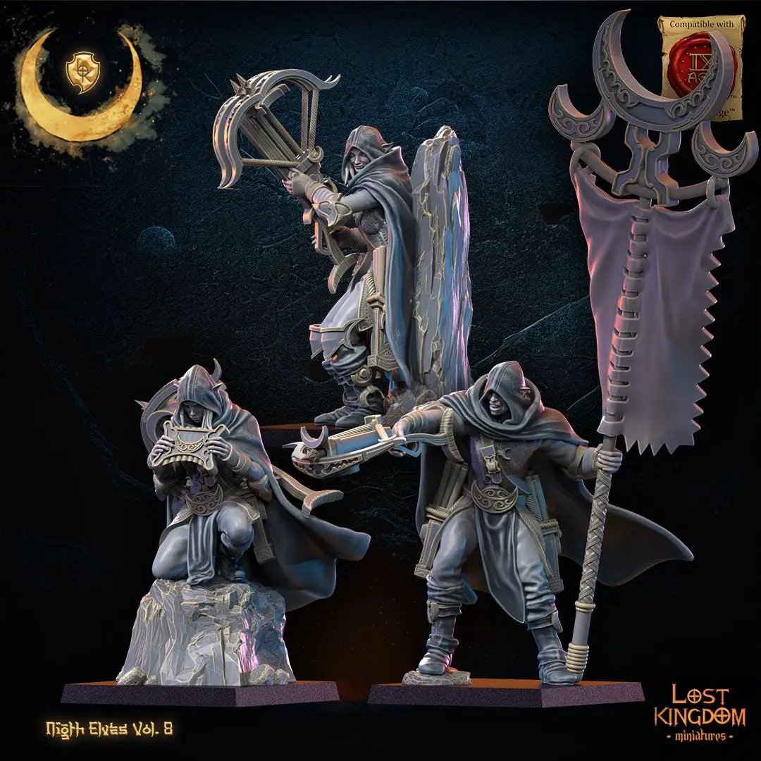 3D printed Night Elf Arbalest Command Group miniature by Lost Kingdom Miniatures for Last Hope Miniatures, detailed fantasy figure.