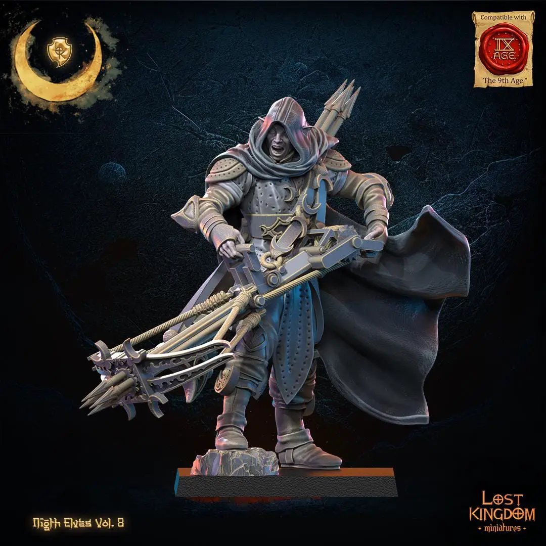 3D printed Night Elf Arbalest Hero model by Lost Kingdom Miniatures, featuring intricate armor and a large crossbow.