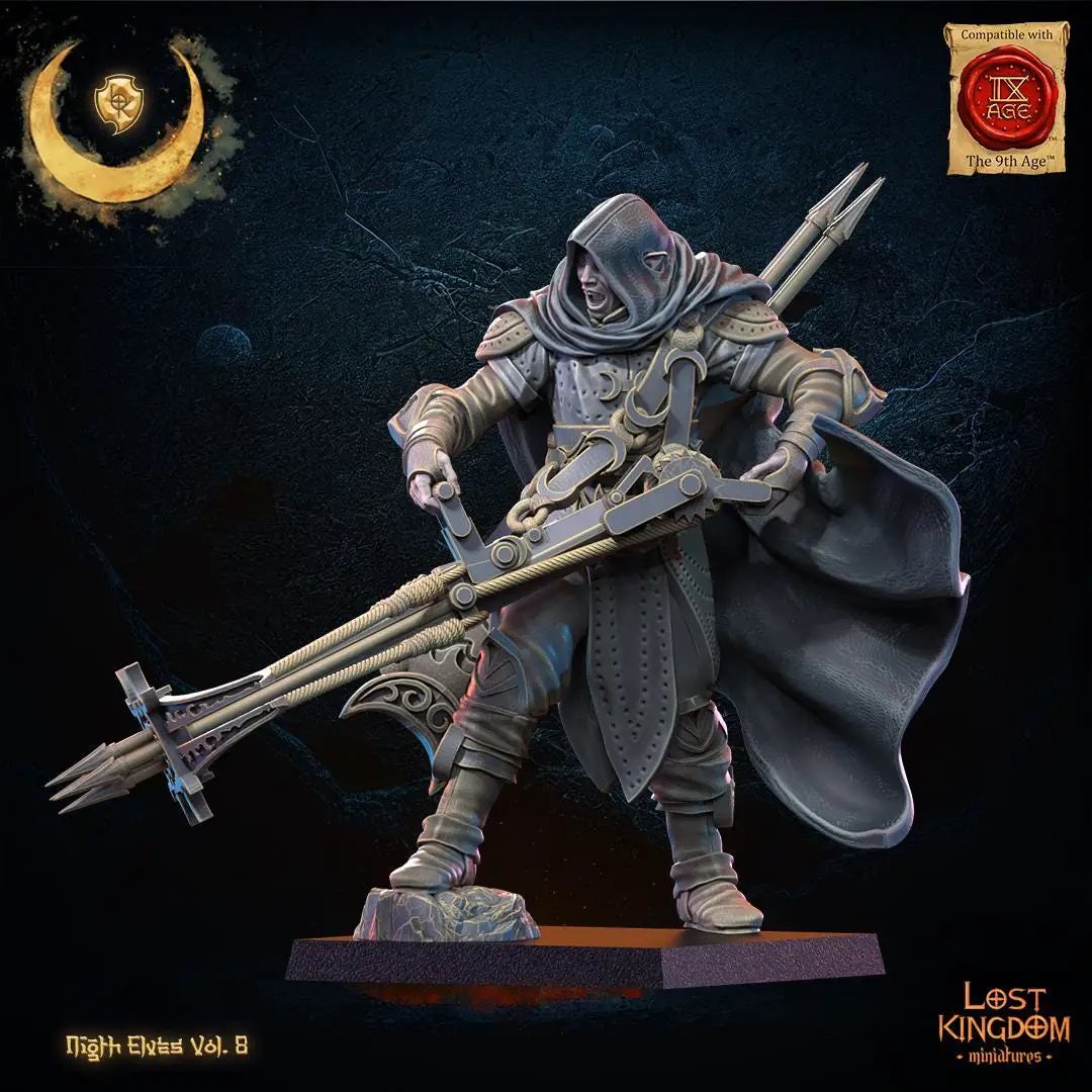 3D printed Night Elf Arbalest hero figure by Last Hope Miniatures for Lost Kingdom Miniatures, featuring a detailed elf warrior with a crossbow.