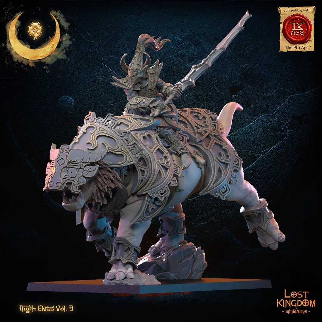 3D printed Night Elf Hero Beast Rider miniature by Last Hope Miniatures from Lost Kingdom Miniatures, featuring elf rider on a beast.