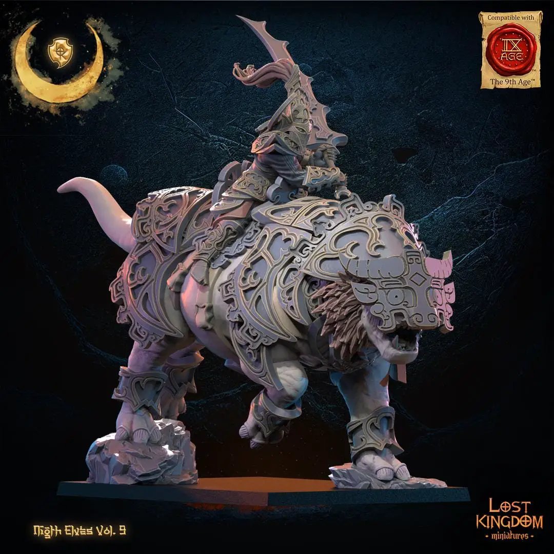 3D printed Night Elf Hero Beast Rider miniature by Last Hope Miniatures, featuring detailed elf warrior riding a beast.