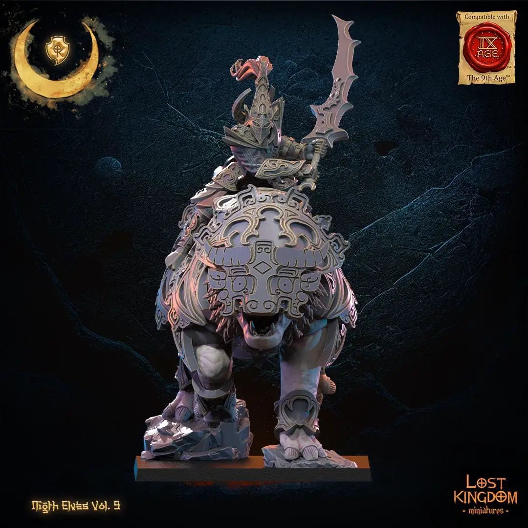 3D printed Night Elf Hero Beast Rider miniature by Lost Kingdom Miniatures, showcasing detailed elf riding a beast in a fantasy scene.