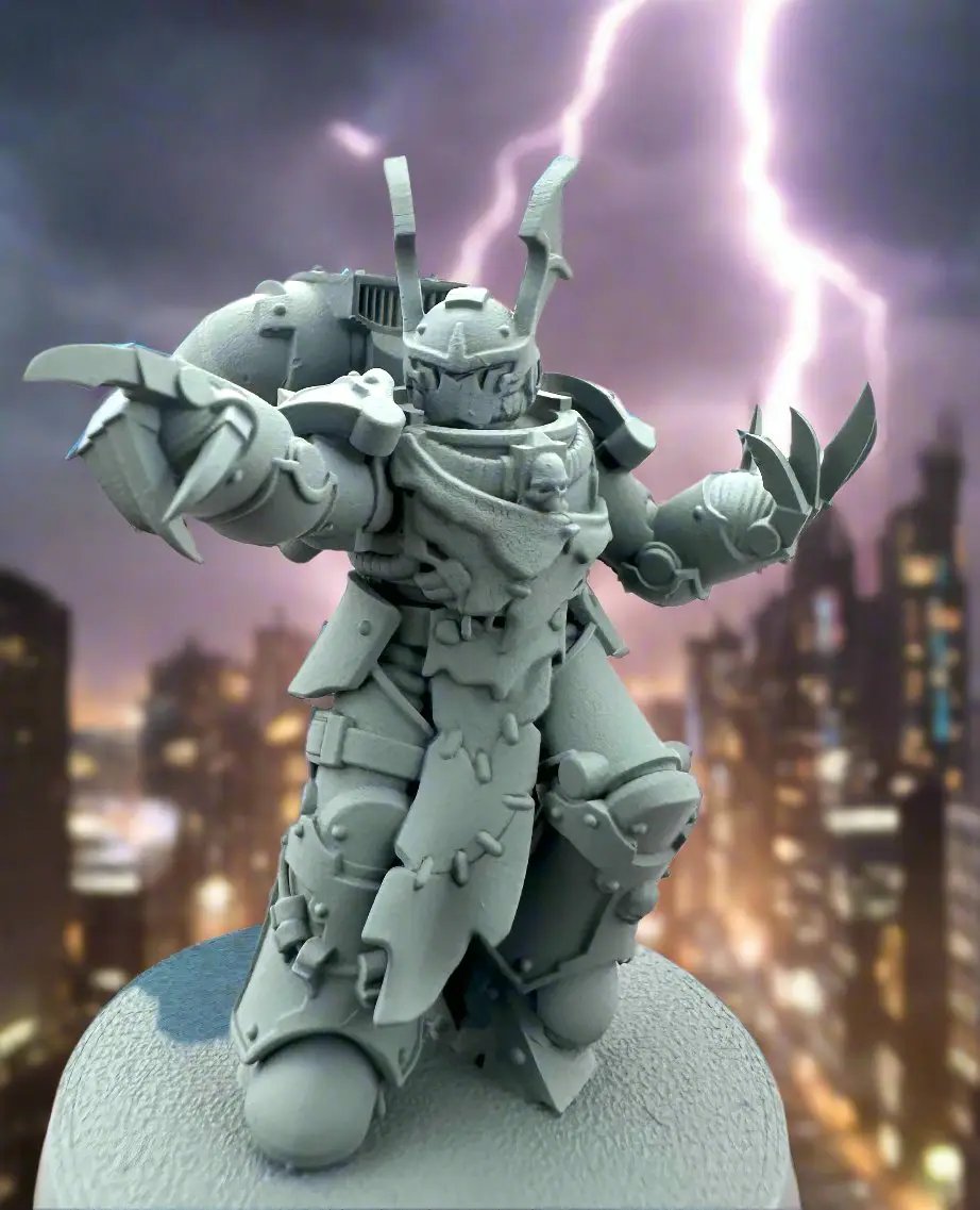 3D printed Noctis Horror Justicar miniature by DakkaDakka Miniatures, detailed figure with intricate armor and dark sci-fi design.