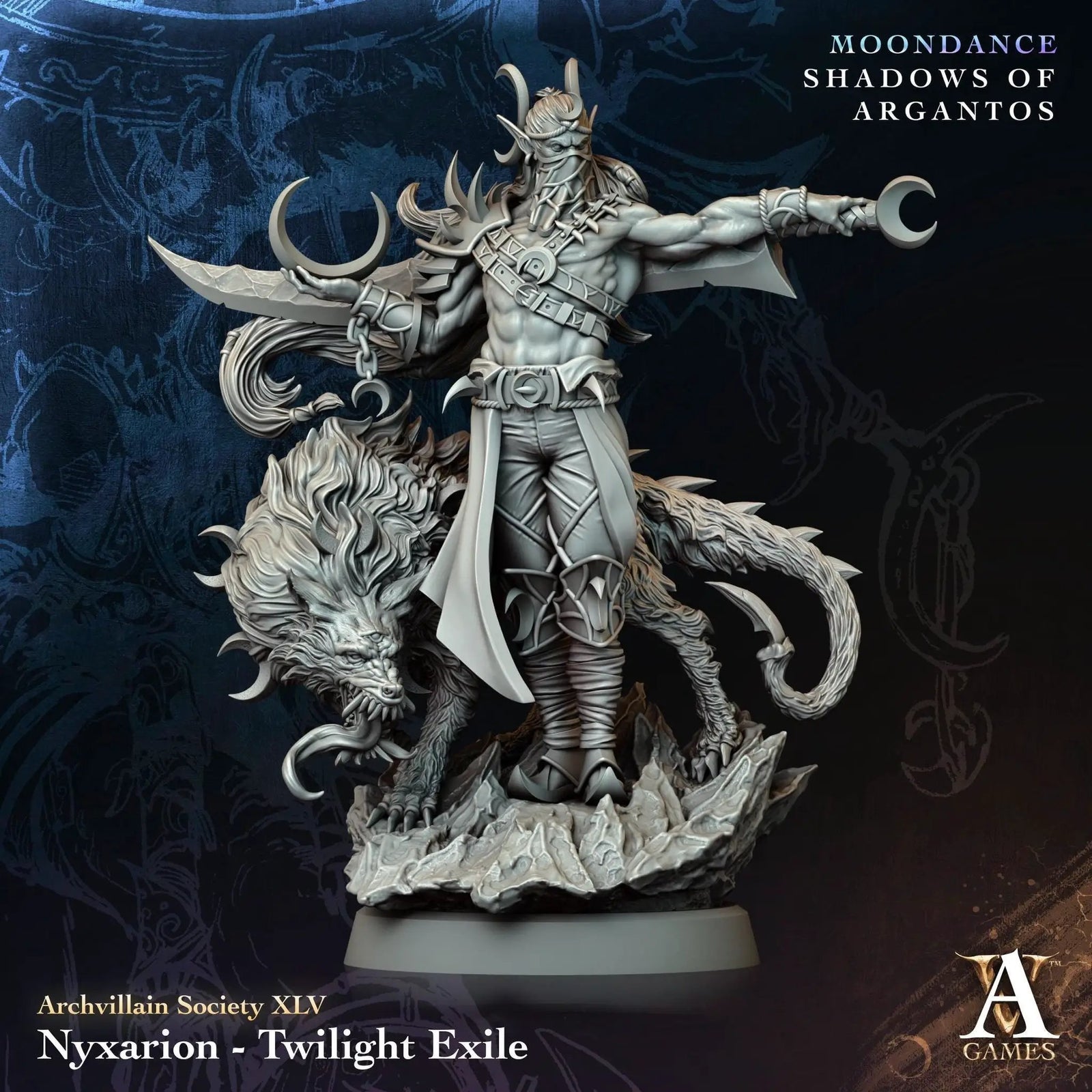 3D printed Nyxarion the Twilight Exile miniature by Last Hope Miniatures, showing intricate details of the fantasy character's armor and weapons.