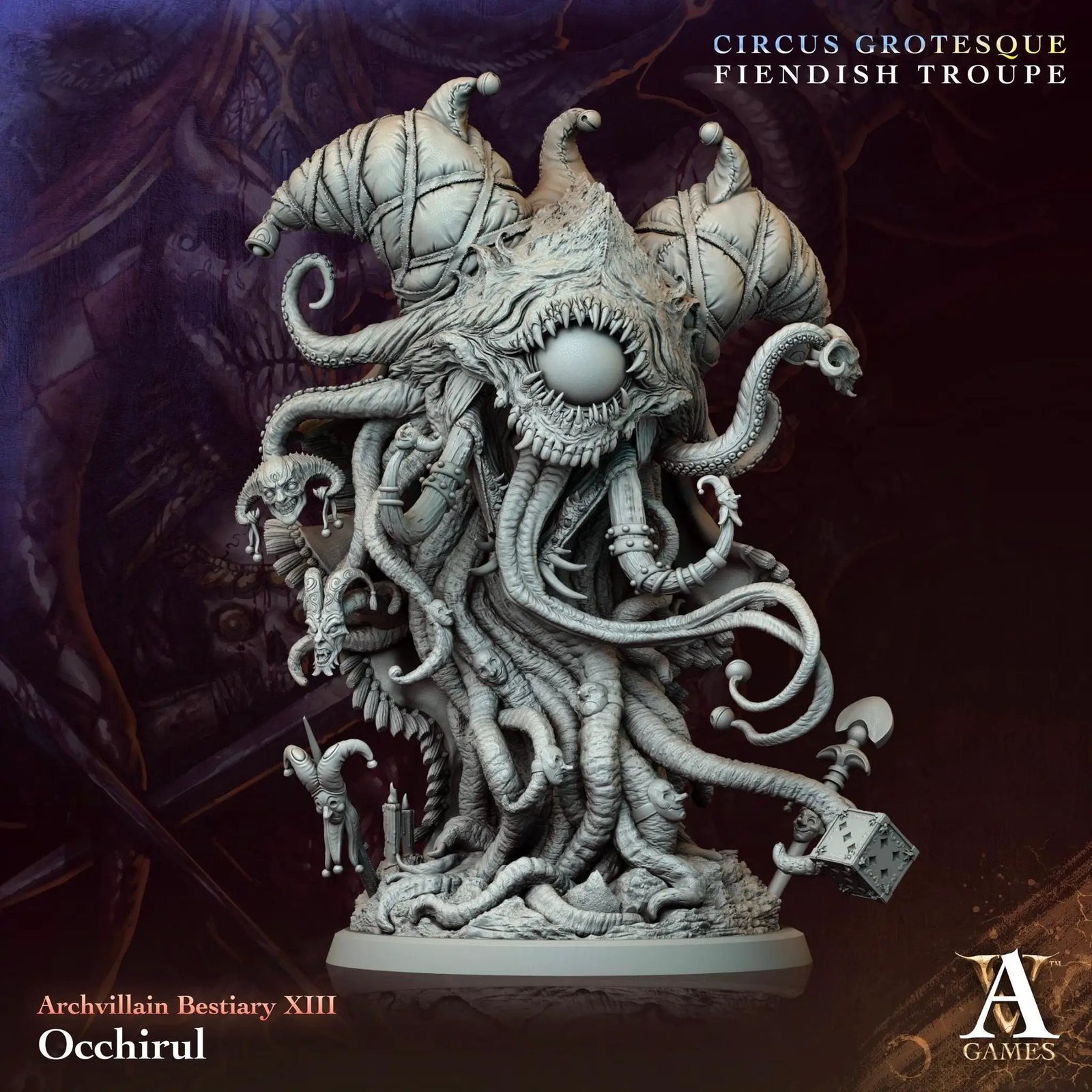3D printed Occhirul miniature by Last Hope Miniatures from Archvillain Games, showing detailed design and textured surface.