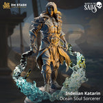 3D printed Ocean Soul Sorcerer miniature by DM Stash, detailed figure from Last Hope Miniatures, featuring ocean-themed robes and mystical staff.