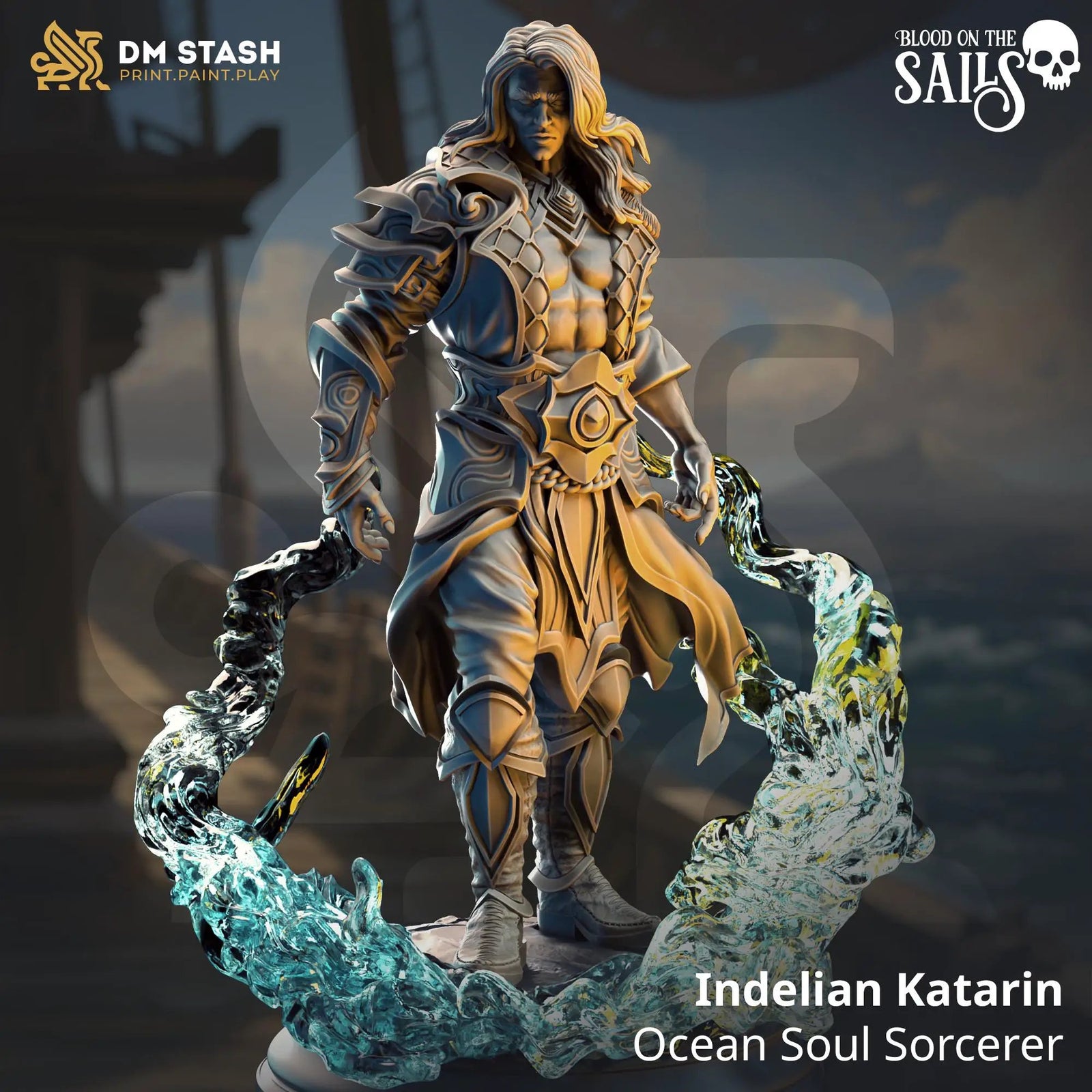3D printed Ocean Soul Sorcerer miniature by DM Stash, detailed figure from Last Hope Miniatures, featuring ocean-themed robes and mystical staff.