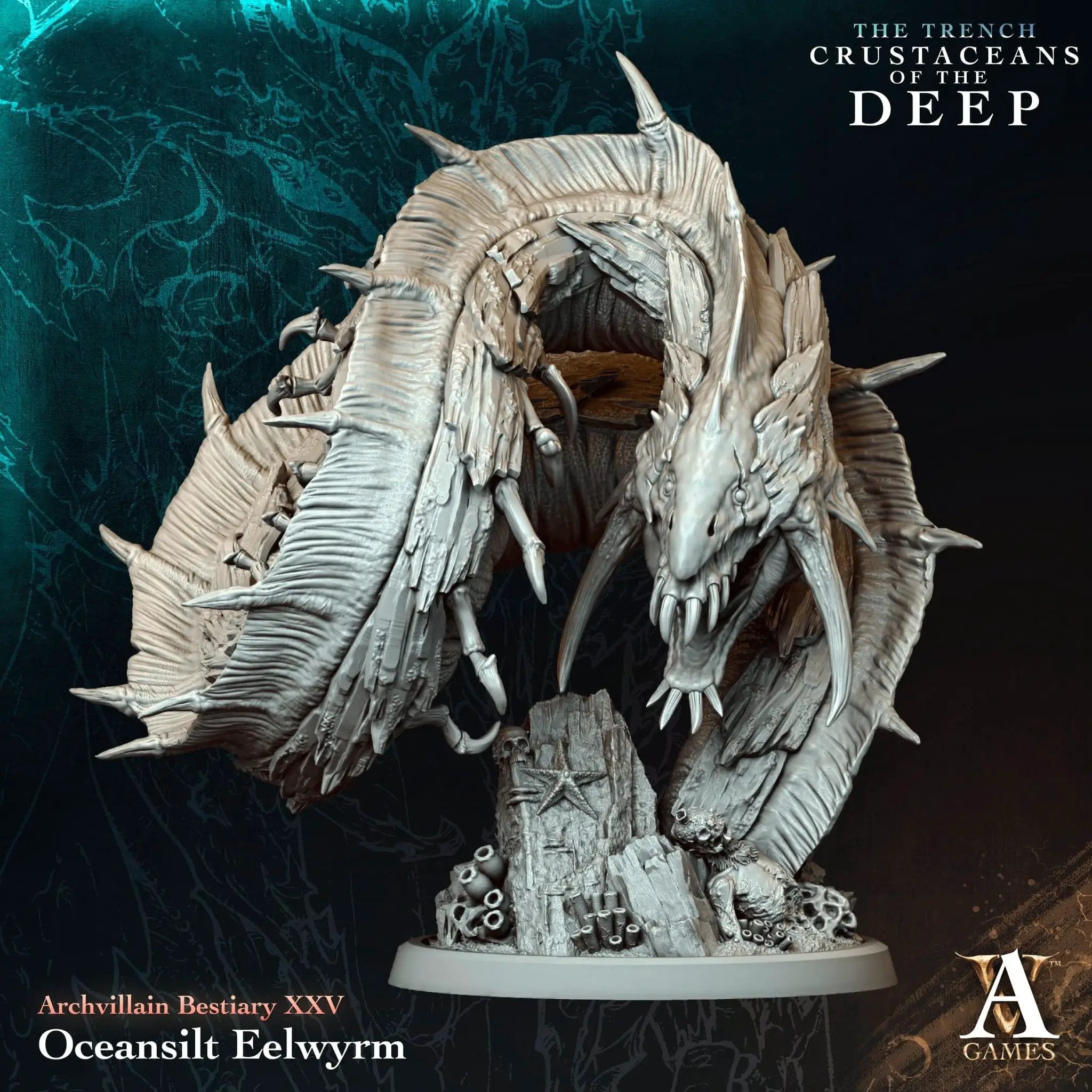 3D printed Oceansily Eelwyrm miniature by Archvillain Games, detailed aquatic creature for tabletop gaming.