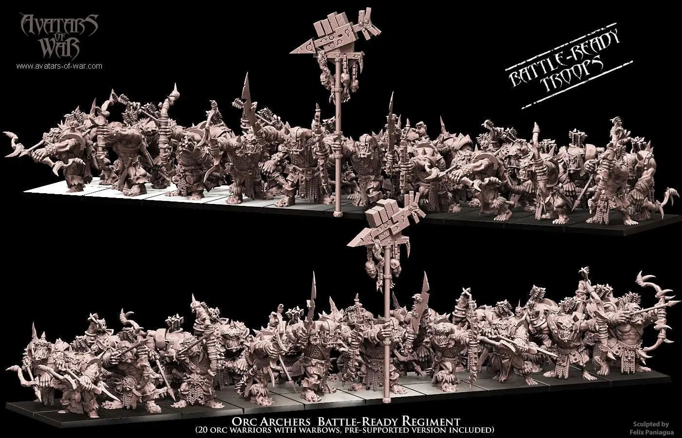 3D printed Orc Archers Regiment by Avatars of War, detailed miniature figures for tabletop gaming and fantasy battles.