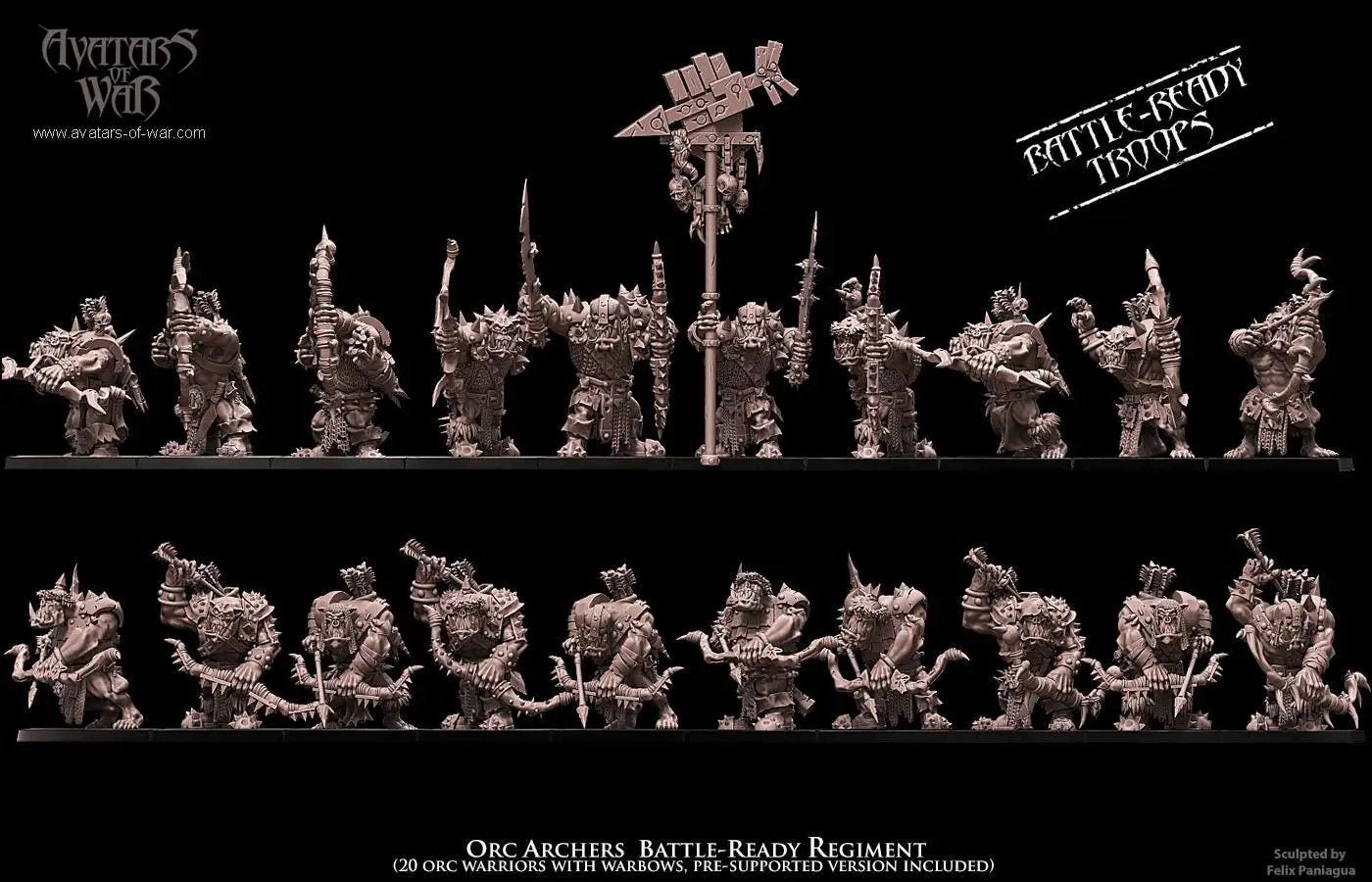 3D printed Orc Archers Regiment from Avatars of War by Last Hope Miniatures, featuring detailed orc archers in a fantasy army.