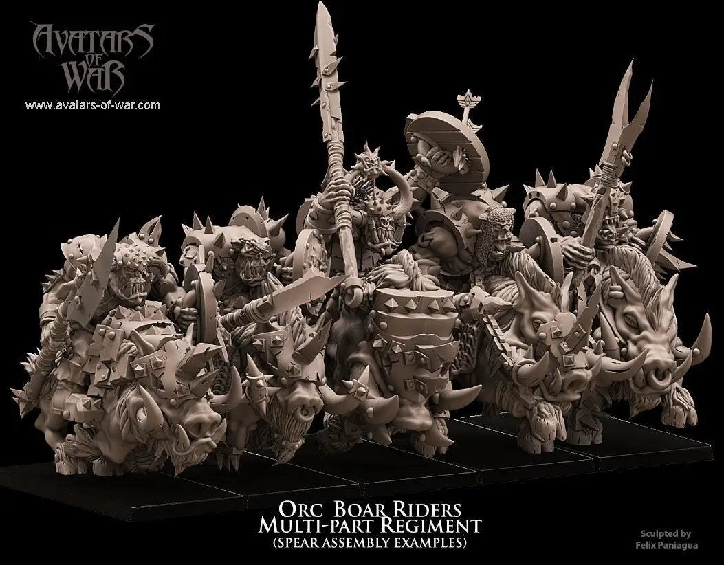 3D printed Orc Boar Rider Regiment miniatures by Last Hope Miniatures for Avatars of War, featuring orcs riding boars in detailed combat poses.
