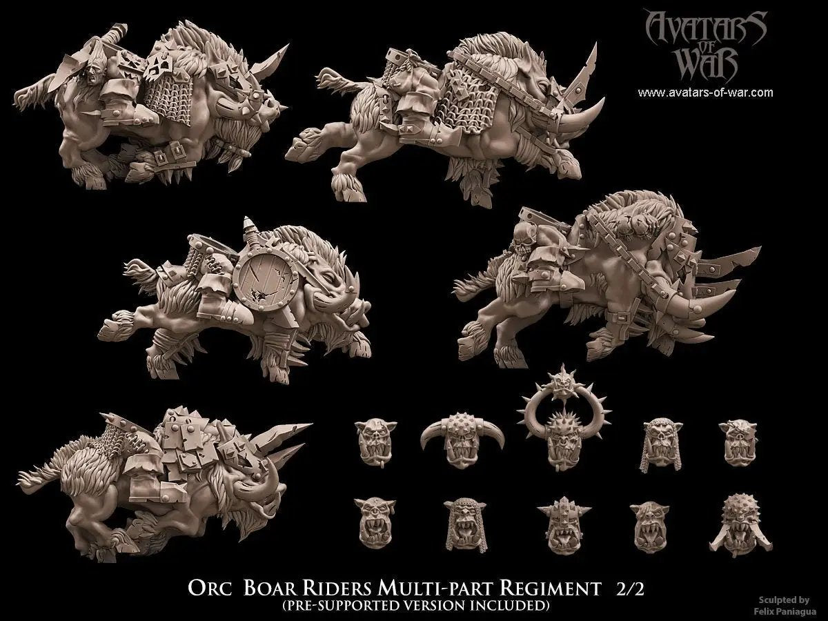 3D printed Orc Boar Rider Regiment by Avatars of War, featuring orcs riding boars with detailed armor and weapons, from Last Hope Miniatures.