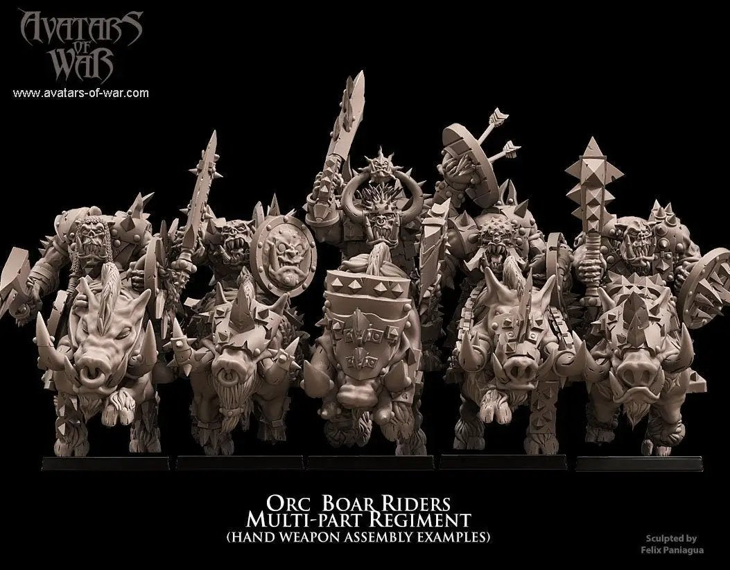 3D printed Orc Boar Rider Regiment miniatures by Last Hope Miniatures for Avatars of War, featuring orc warriors riding boars.