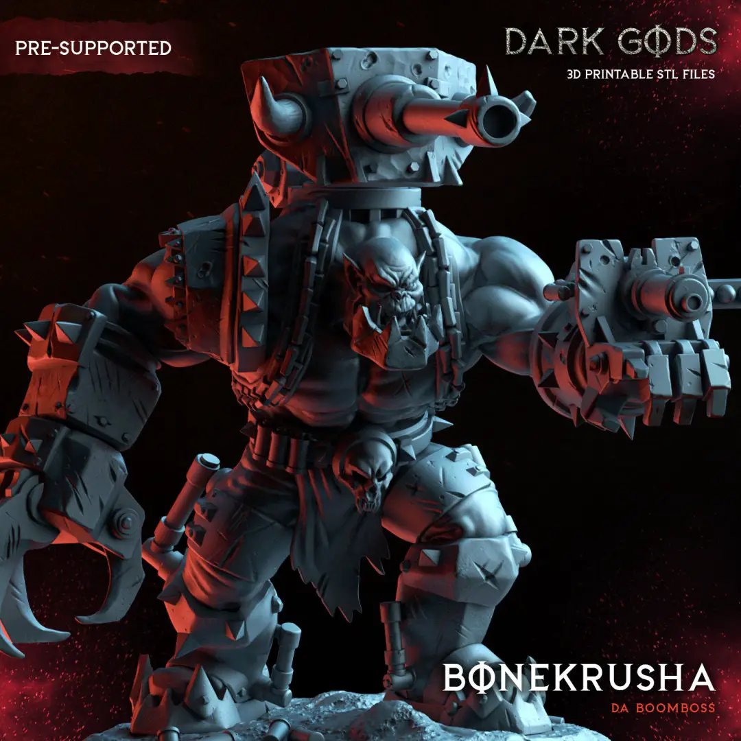 3D printed Orc BoneKrusha miniature by Dark Gods Miniatures, featuring detailed orc anatomy and intricate design on a plain background.