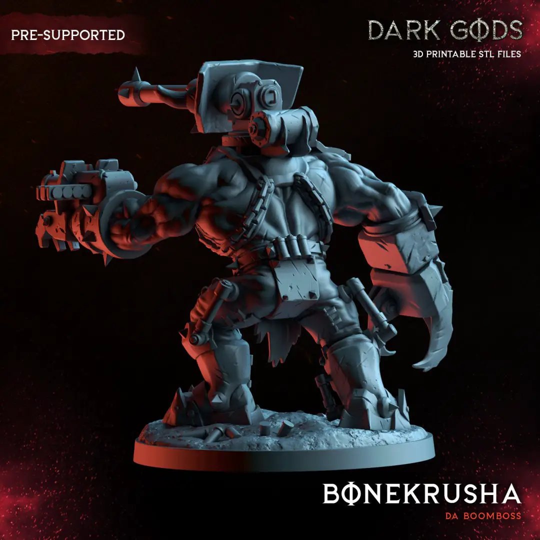3D printed Orc BoneKrusha miniature by Dark Gods Miniatures, detailed orc figure with bone armor and weapon for tabletop gaming.