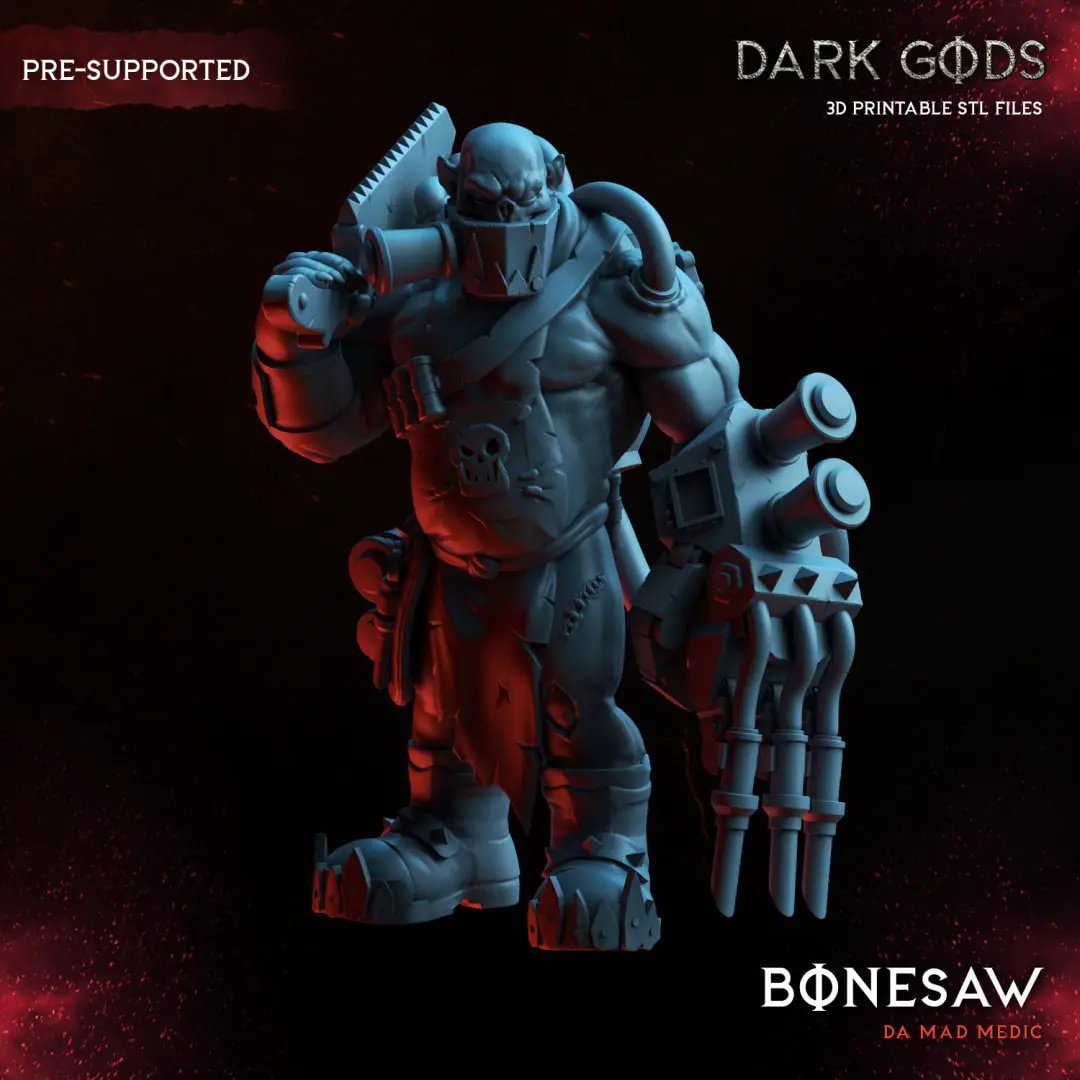 3D printed Orc Bonesaw Medic miniature by Dark Gods Miniatures, featuring detailed orc figure with medical tools and armor.