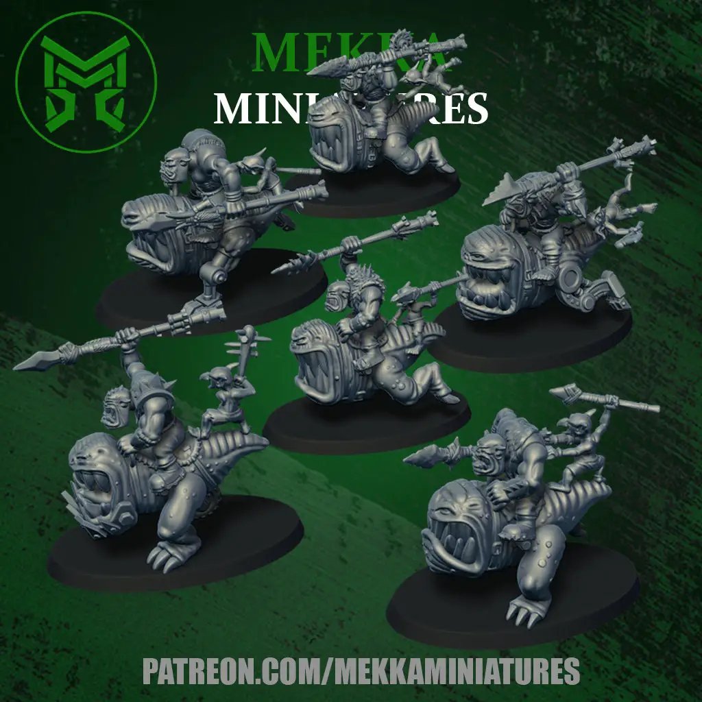 3D printed Orc Chompa Riders miniatures by Last Hope Miniatures, showing detailed orc figures on Chompas for tabletop gaming.
