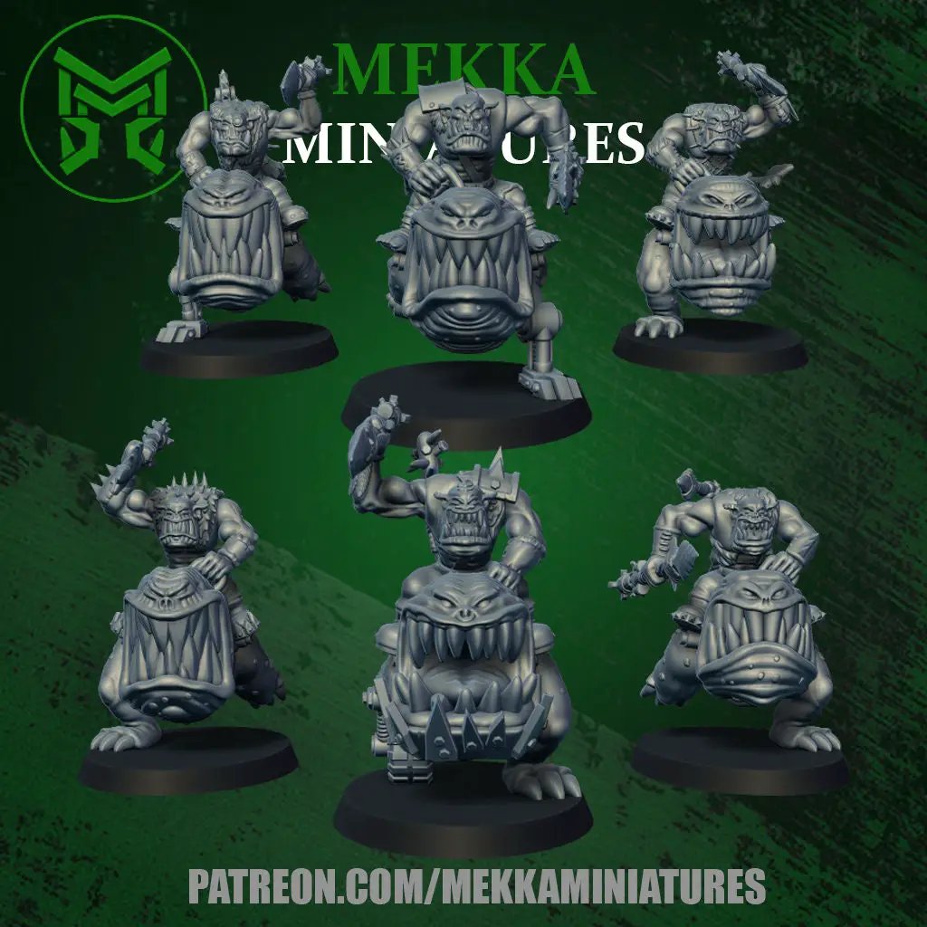 3D printed Orc Chompa Riders miniatures by Last Hope Miniatures from Mekka Miniatures, showing detailed orc figures on Chompa mounts.