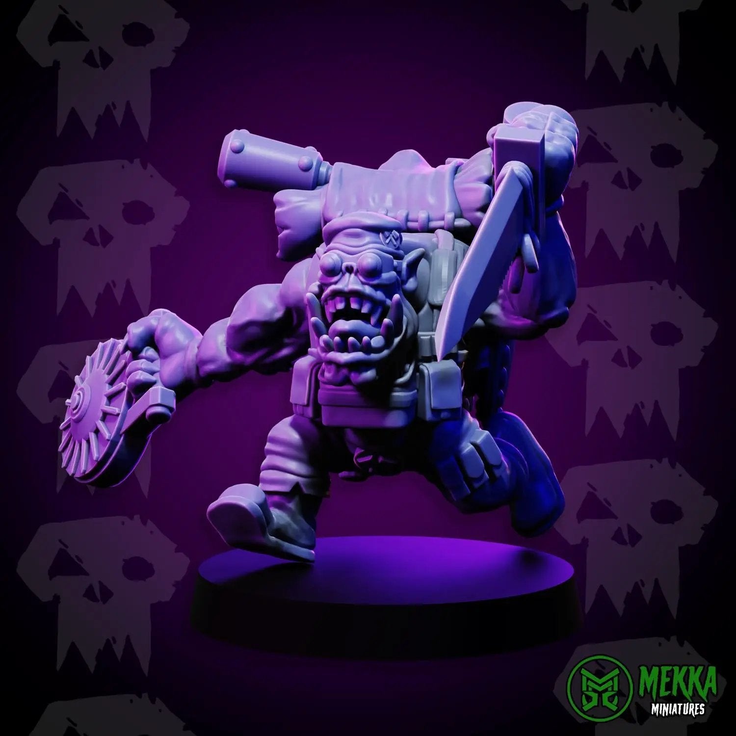 3D printed Orc Commando set by Mekka Miniatures, featuring detailed orc figures with military gear, on a plain background.