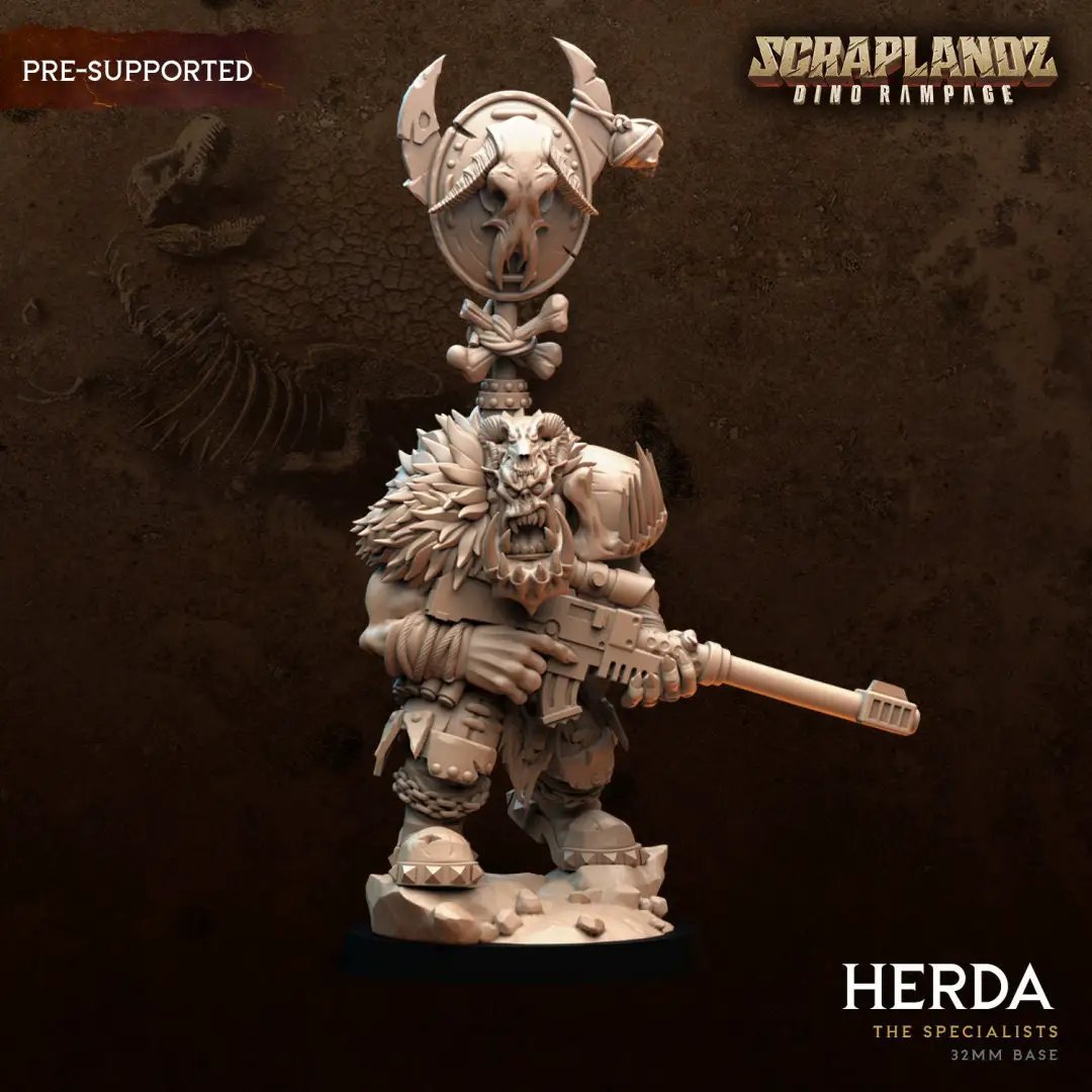 3D printed Orc Git Herda miniature by Dark Gods Miniatures, showing a detailed orc figure with armor and weapons on a display base.