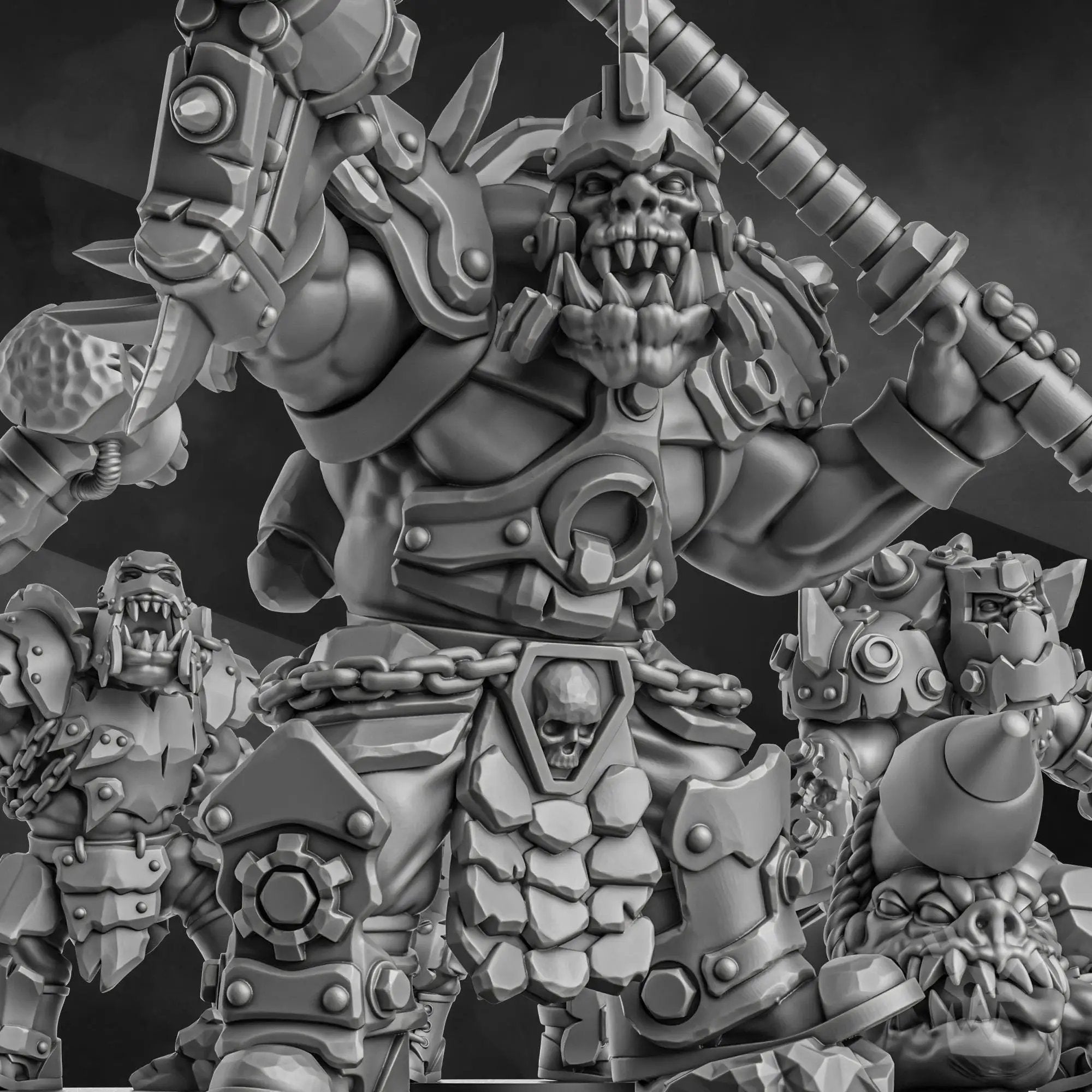 3D printed Orc head Crackaz Mob by DakkaDakka Miniatures, detailed green orc figure with fierce expression and textured skin.