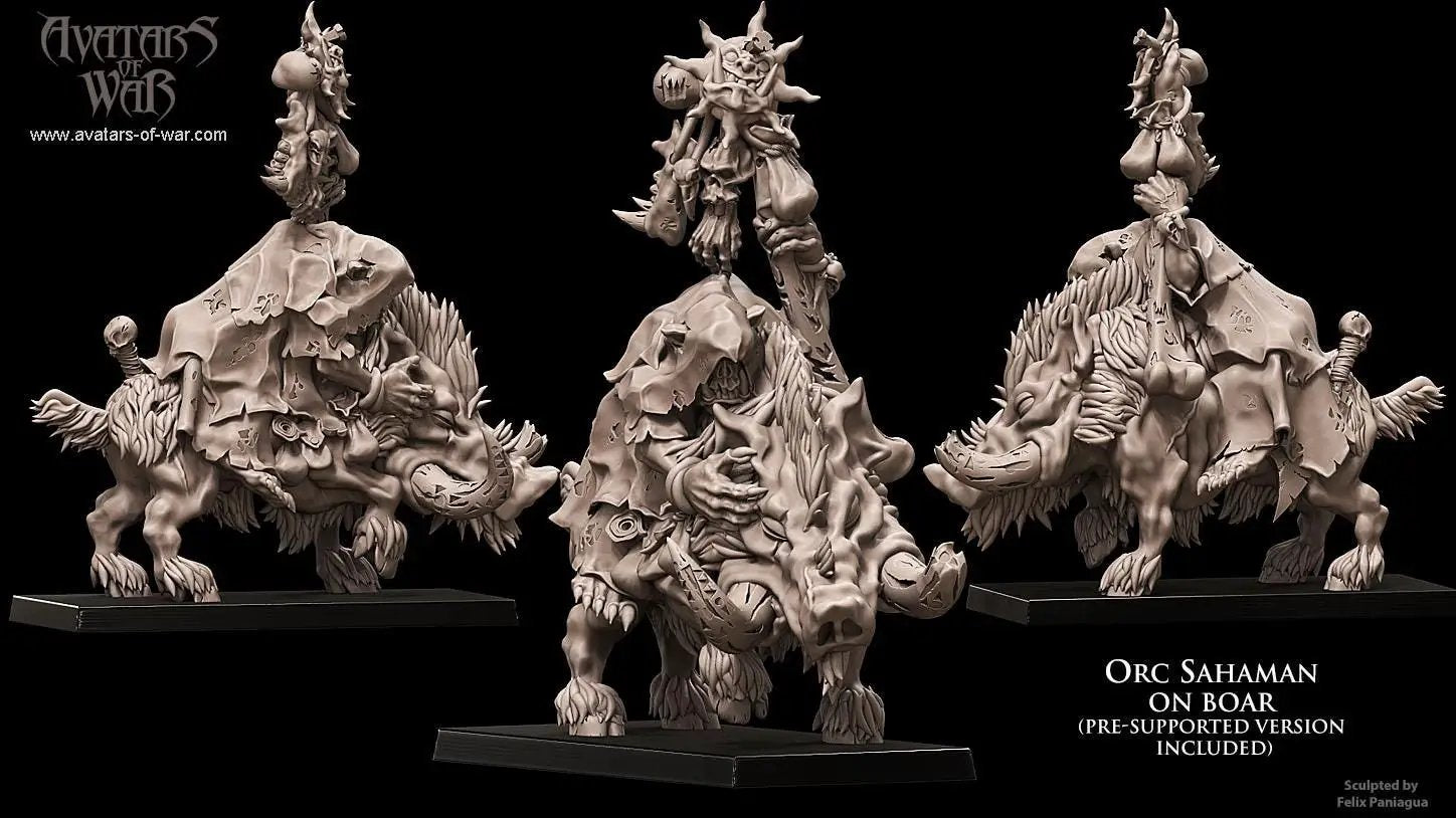 3D printed Orc Shaman riding a boar miniature by Last Hope Miniatures from Avatars of War, detailed orc figure with shaman attire.