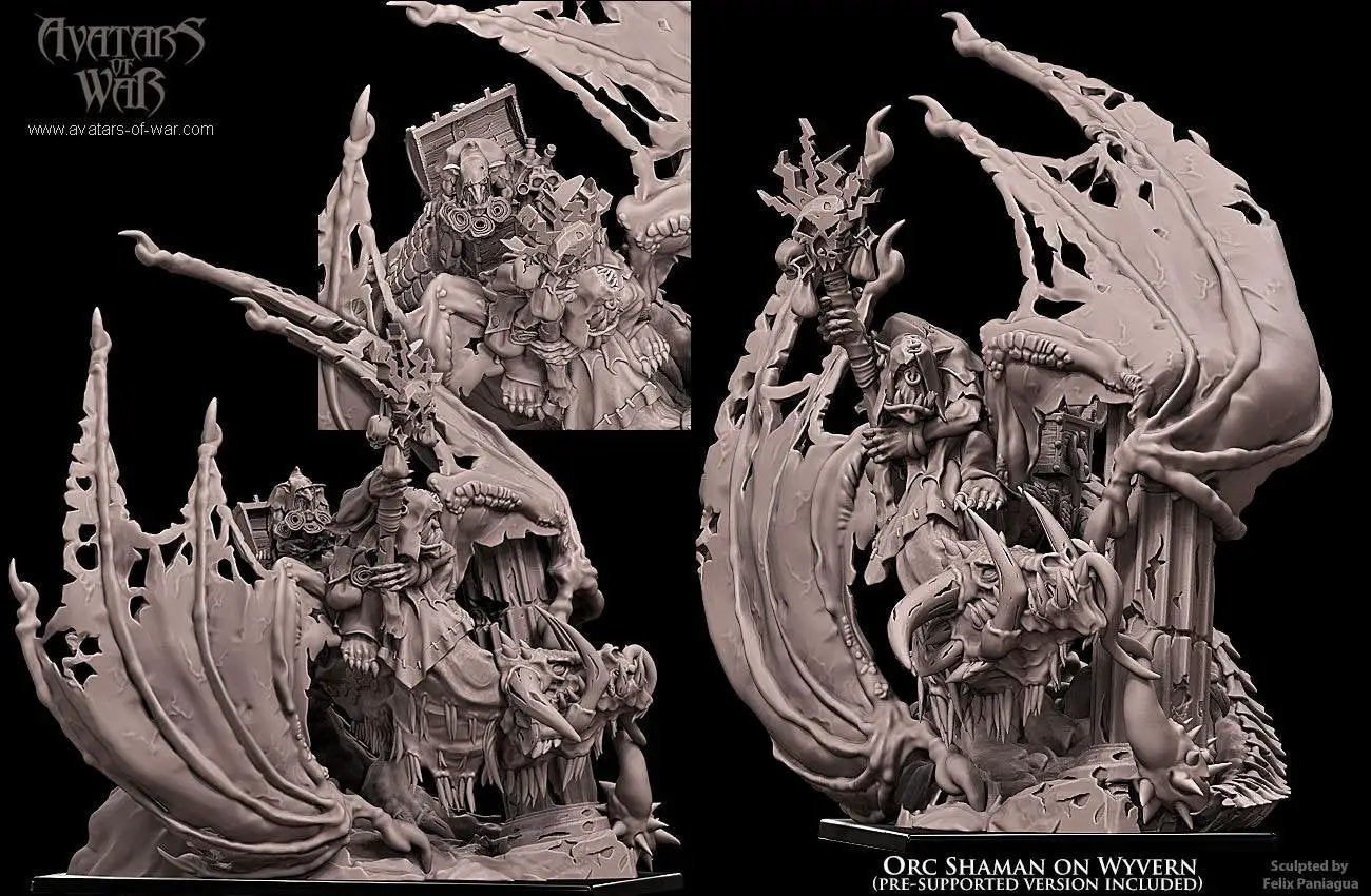 3D printed Orc Shaman riding a wyvern miniature by Last Hope Miniatures for Avatars of War.