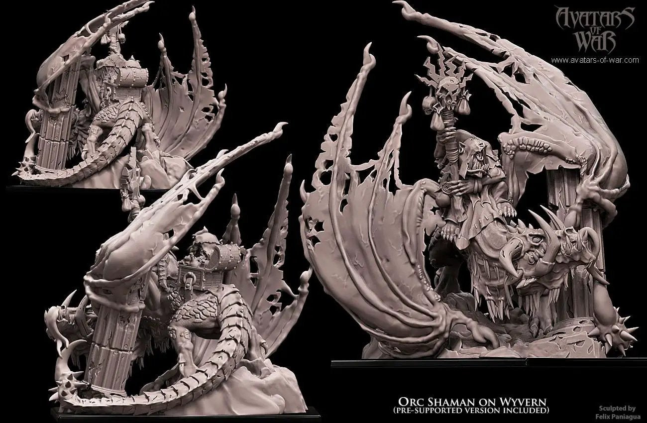 3D printed Orc Shaman riding a wyvern miniature by Last Hope Miniatures for Avatars of War, detailed fantasy creature with vibrant colors.