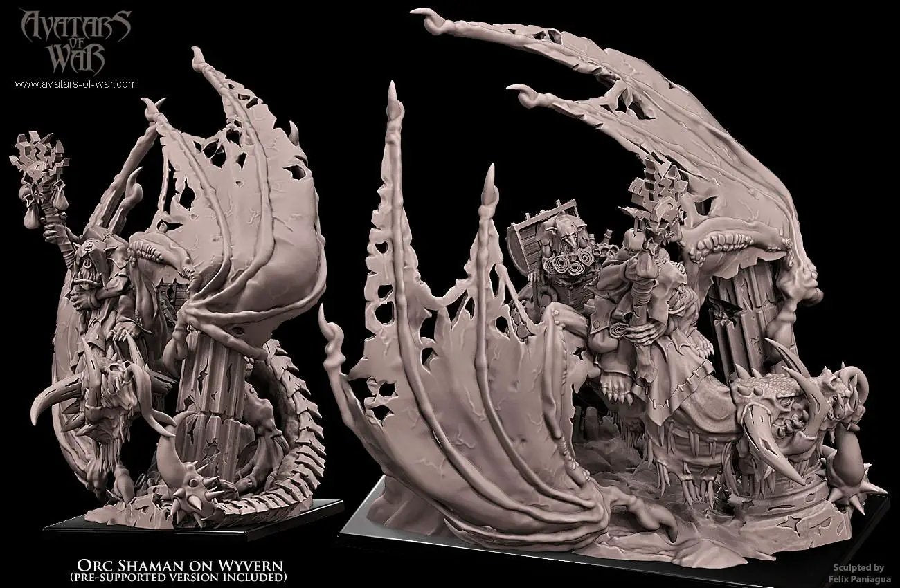 3D printed Orc Shaman riding a wyvern miniature by Last Hope Miniatures for Avatars of War, detailed fantasy figure.