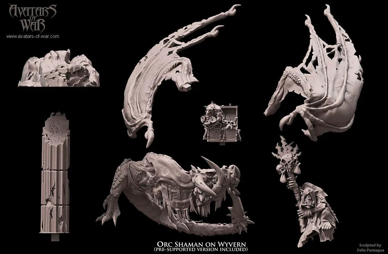 3D printed Orc Shaman riding a wyvern miniature by Last Hope Miniatures, part of the Avatars of War collection.
